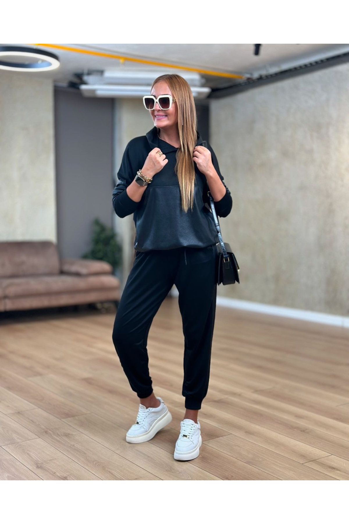 Kadın Uzun Kollu Kapüşonlu Oversize Sweat Ve Pantolon Ikili Takım