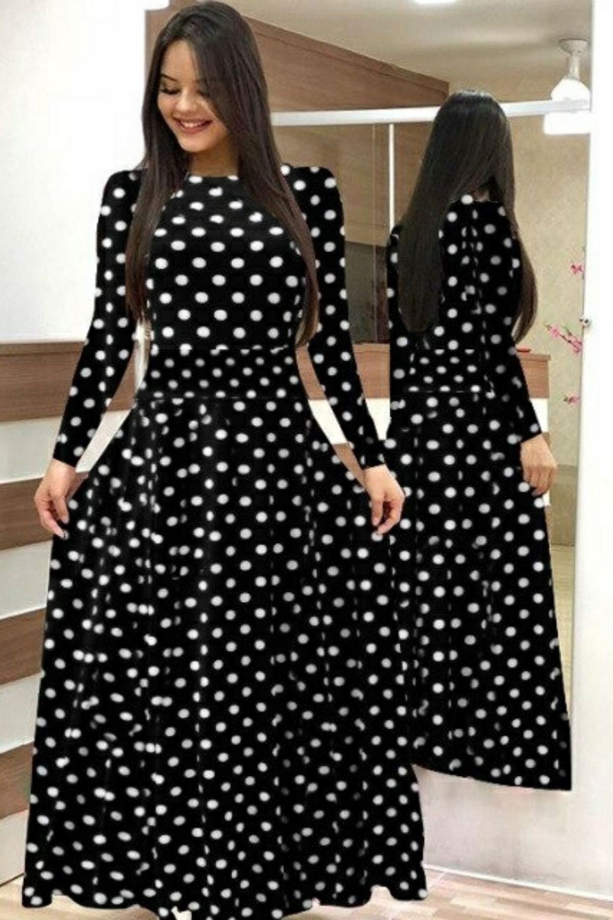 Kadın Krep Kumaş Uzun Kollu Tam Boy Puantiyeli Elbise 132 Cm