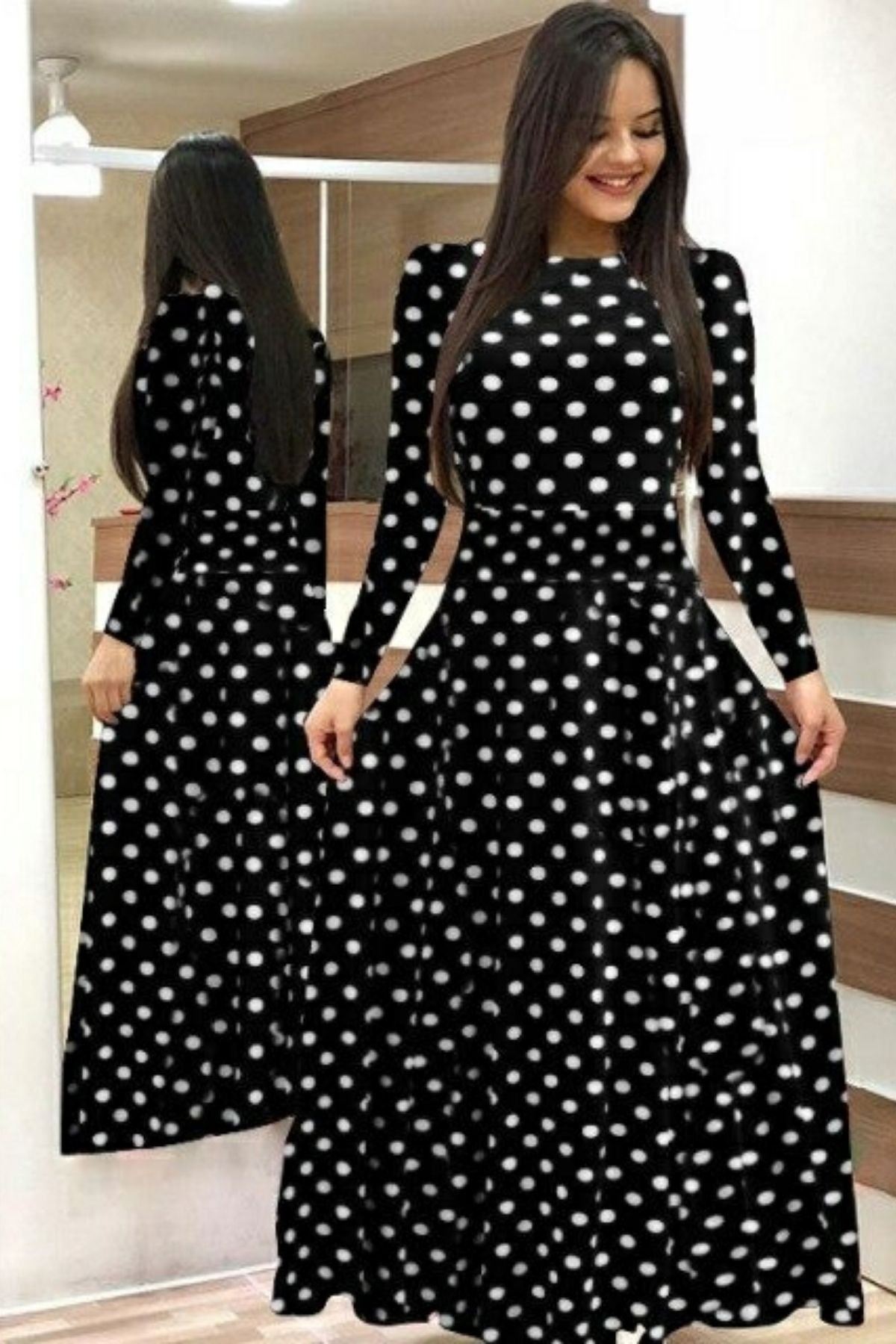 Kadın Krep Kumaş Uzun Kollu Tam Boy Puantiyeli Elbise 132 Cm