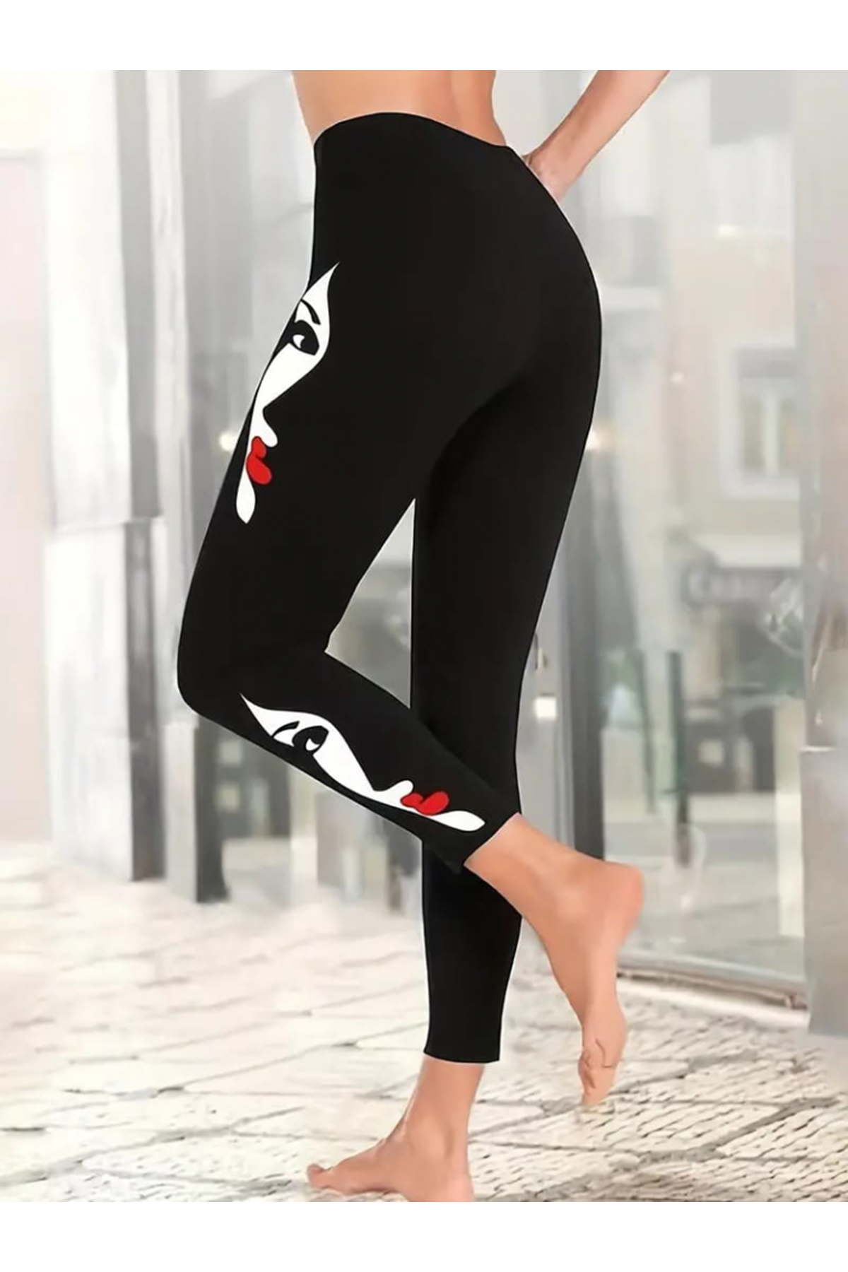 Kadın Yüz Baskılı Dalgıç Kumaş Tayt