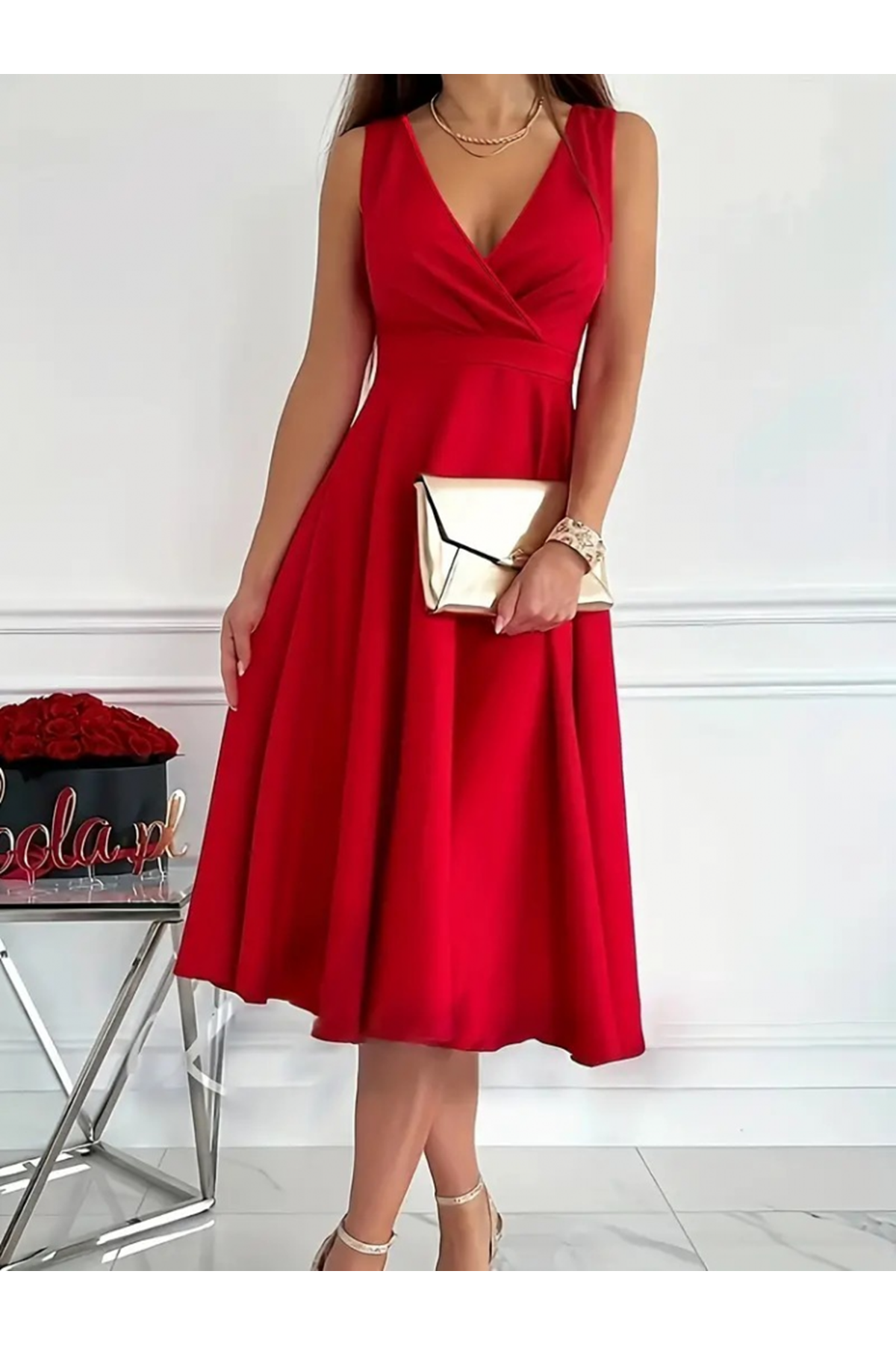 Kadın Ithal Krep Kumaş Kruvaze Yaka Eteği Kloş Kolsuz Mini Elbise