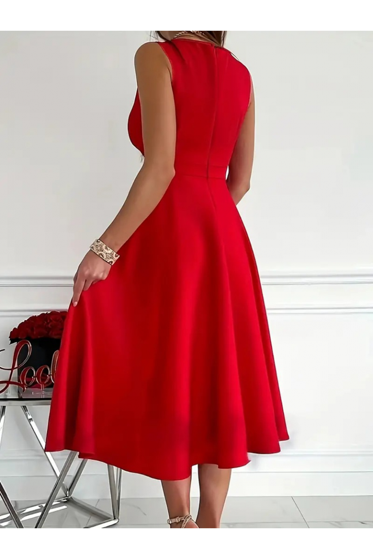 Kadın Ithal Krep Kumaş Kruvaze Yaka Eteği Kloş Kolsuz Mini Elbise