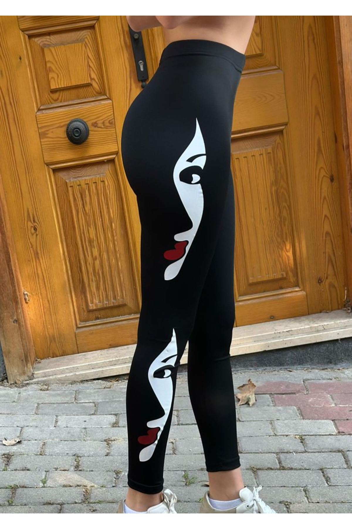 Kadın Yüz Baskılı Dalgıç Kumaş Tayt