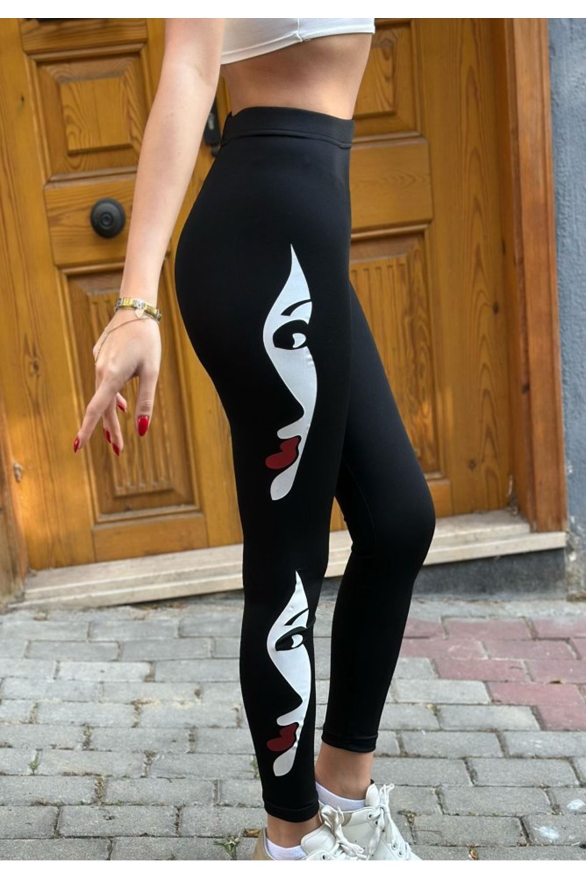 Kadın Yüz Baskılı Dalgıç Kumaş Tayt