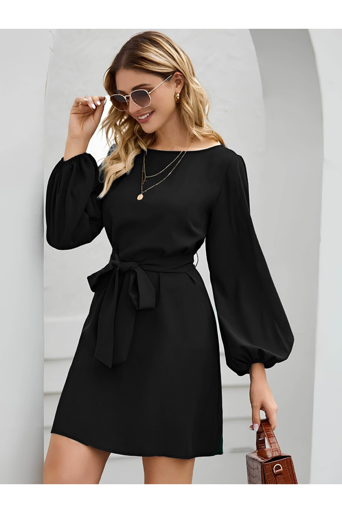 Kadın Uzun Kollu Kayık Yaka Belden Kuşaklı Kısa Ithal Krep Elbise