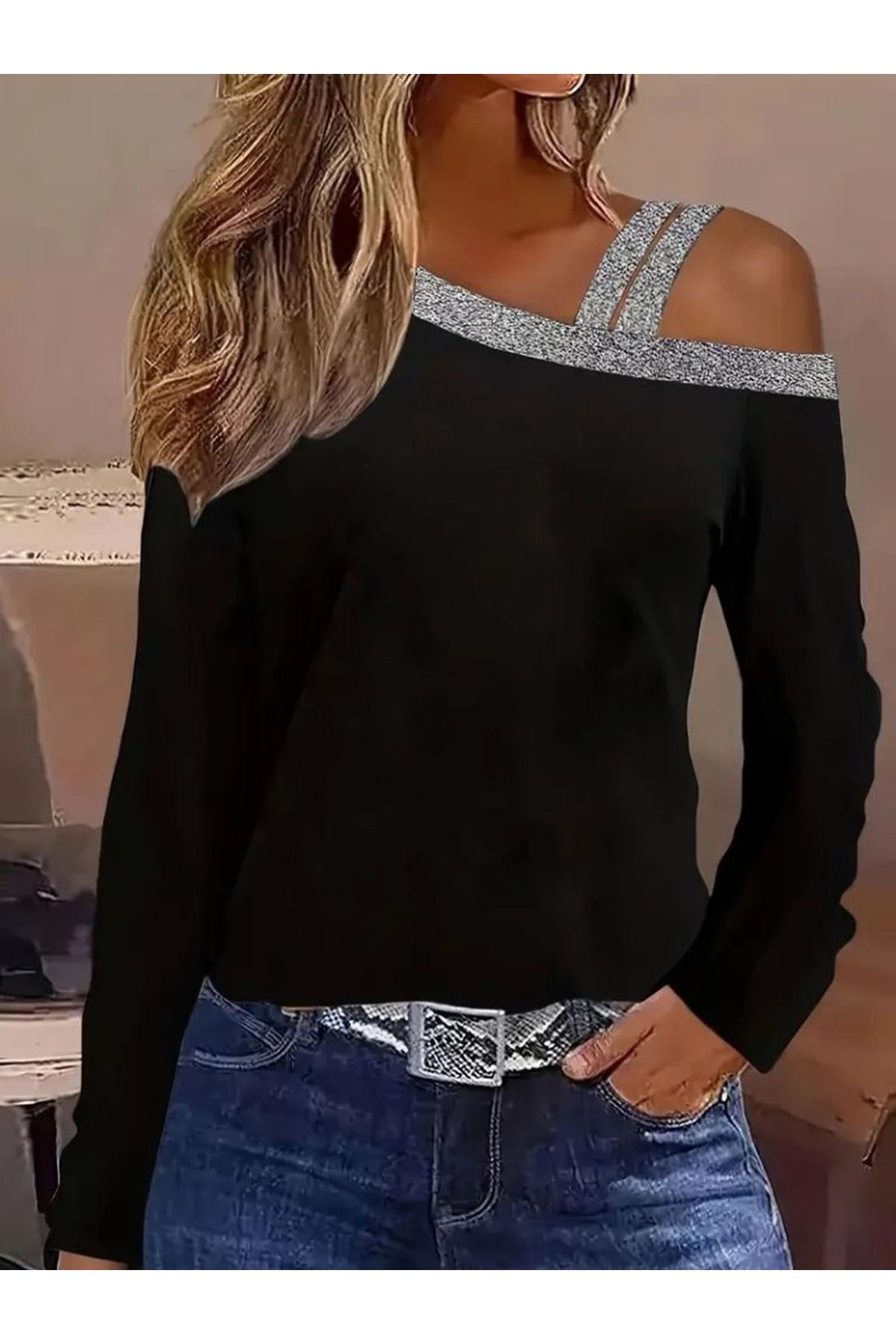 Kadın Uzun Kollu Omuzdan Askılı Sim Detaylı Viskon Iki Iplik Bluz