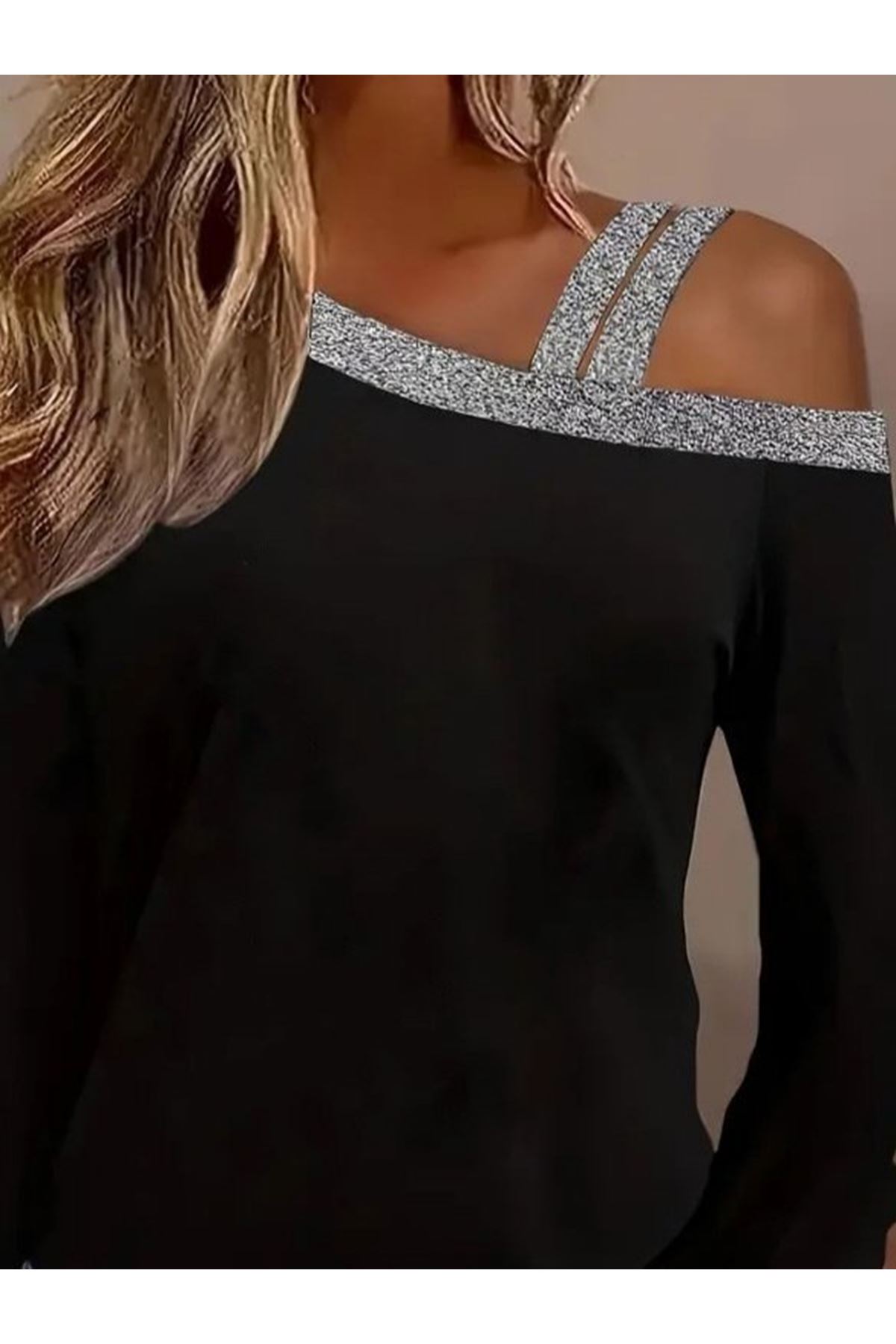 Kadın Uzun Kollu Omuzdan Askılı Sim Detaylı Viskon Iki Iplik Bluz