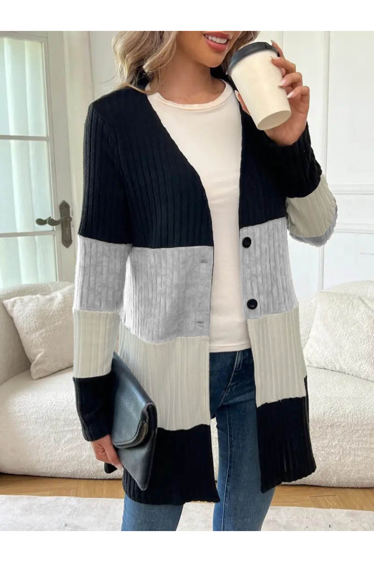 Kadın Uzun Kollu çok Renkli önden Düğmeli Uzun Ceket