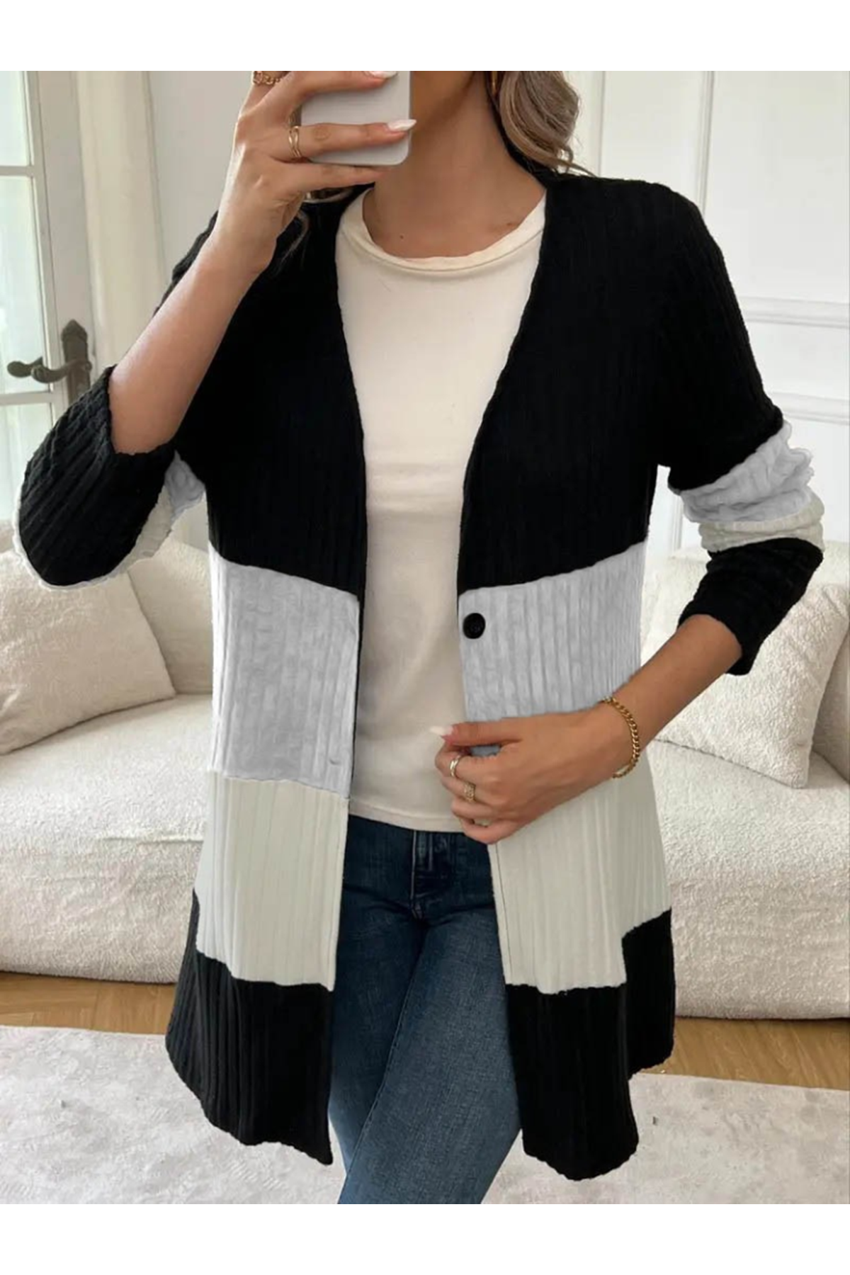 Kadın Uzun Kollu çok Renkli önden Düğmeli Uzun Ceket