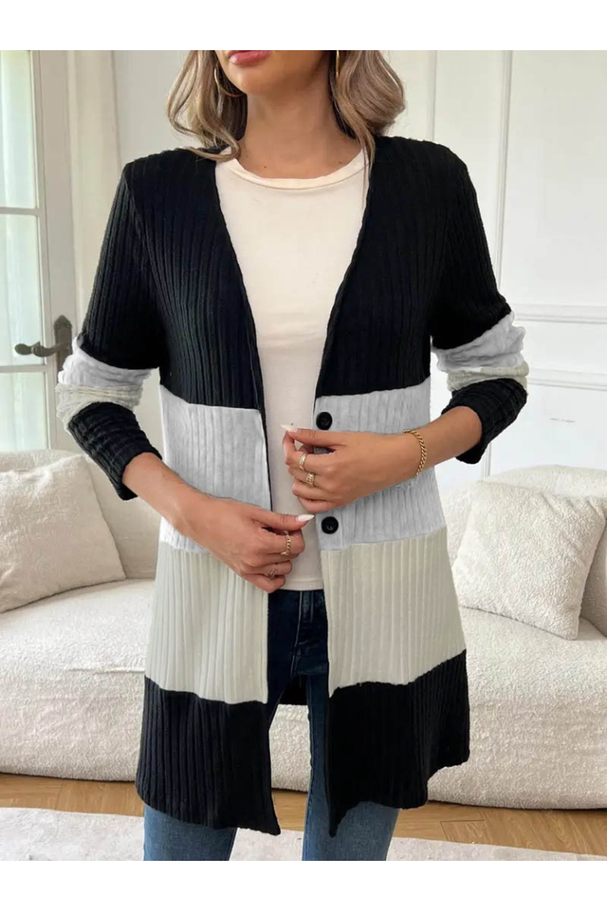 Kadın Uzun Kollu çok Renkli önden Düğmeli Uzun Ceket