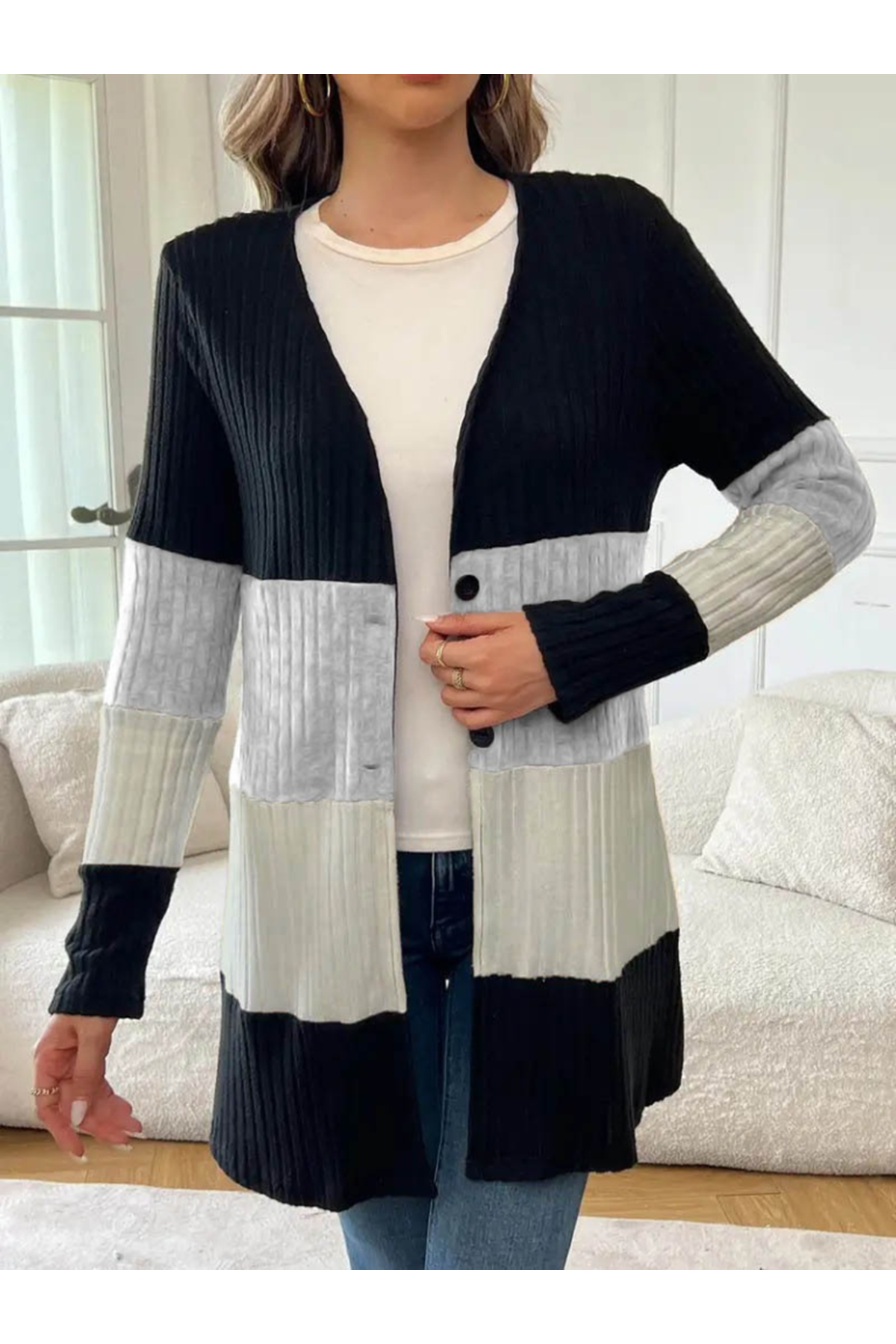 Kadın Uzun Kollu çok Renkli önden Düğmeli Uzun Ceket