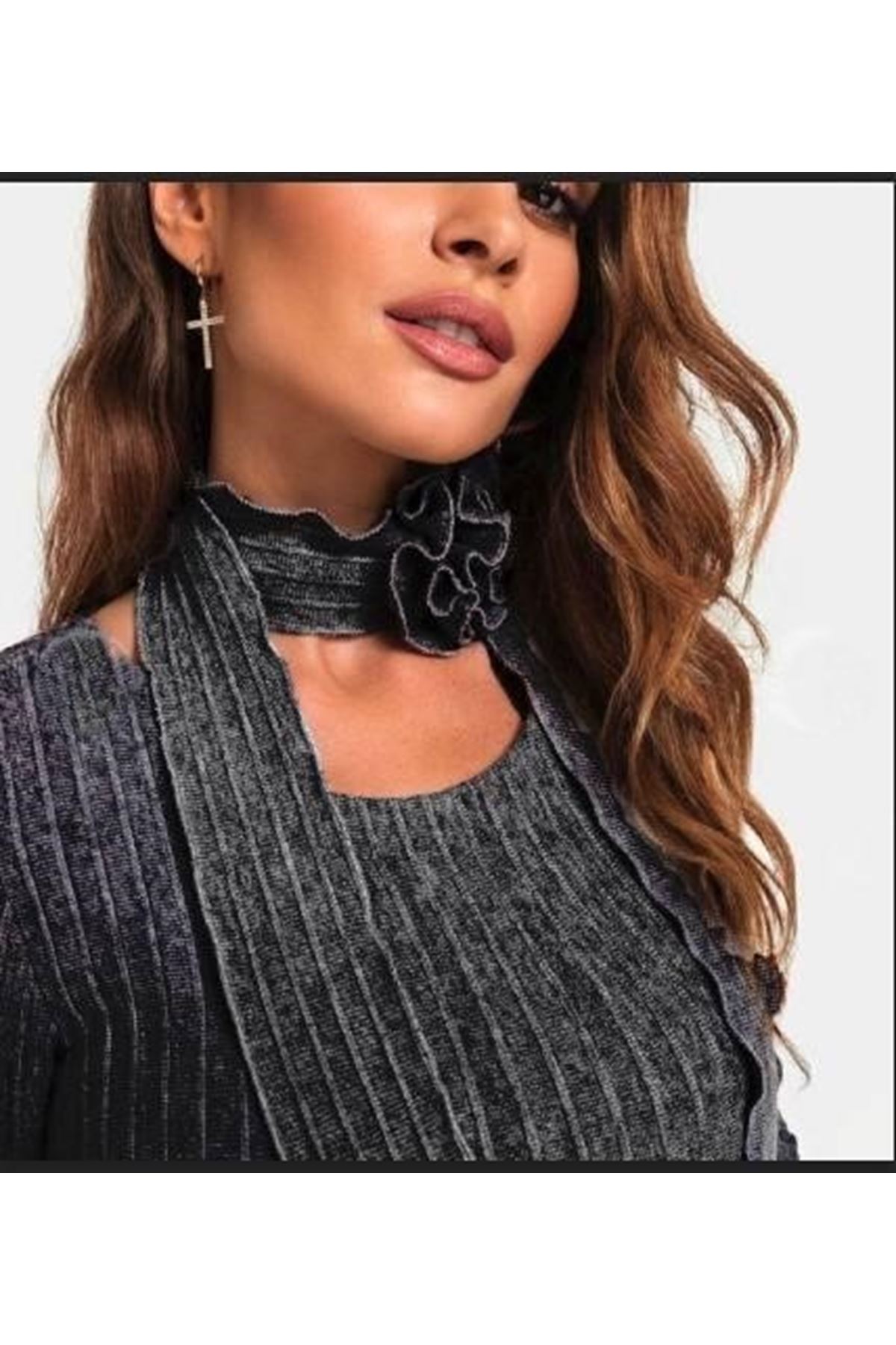 Kadın Eskitme Detay Fular Dahil Fırsat ürün Midi Boy Elbise