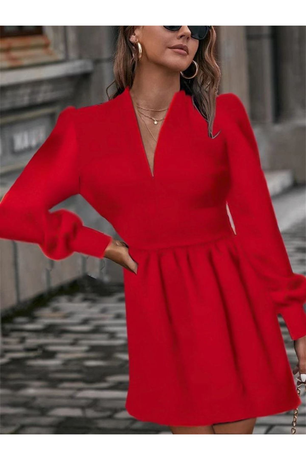 Kadın Uzun Kollu V Yaka Belden Hafif Pileli Scuba Krep Mini Boy Elbise