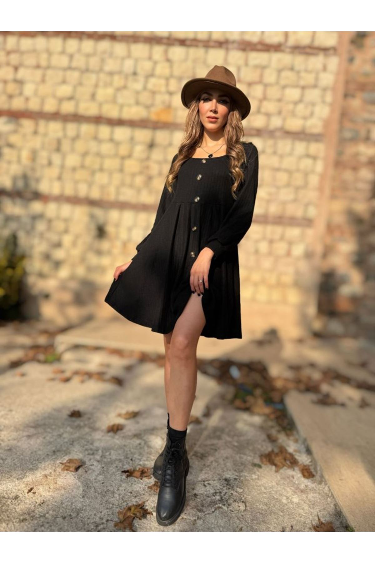 Kadın Uzun Kollu Kare Yaka önden Düğmeli Midi şardonlu Kaşkorse Elbise