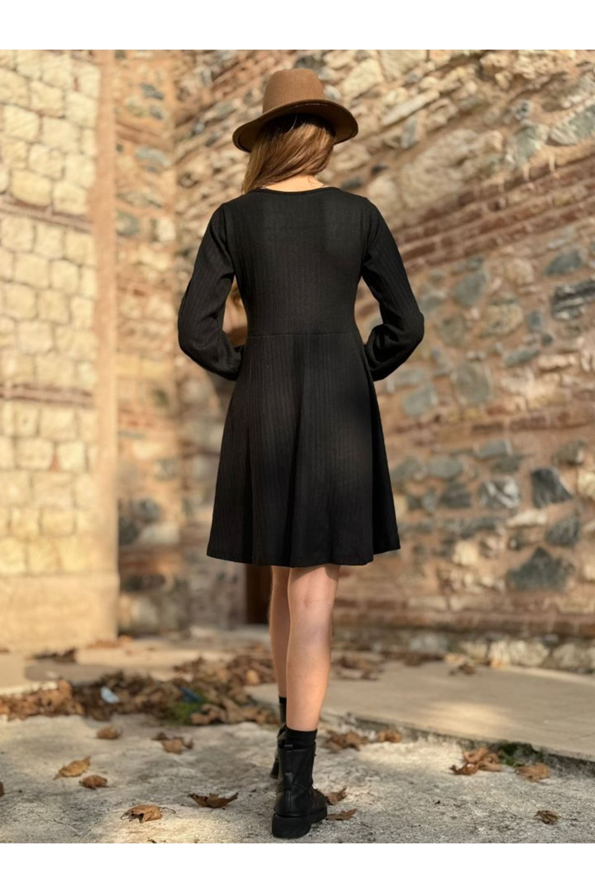 Kadın Uzun Kollu Kare Yaka önden Düğmeli Midi şardonlu Kaşkorse Elbise