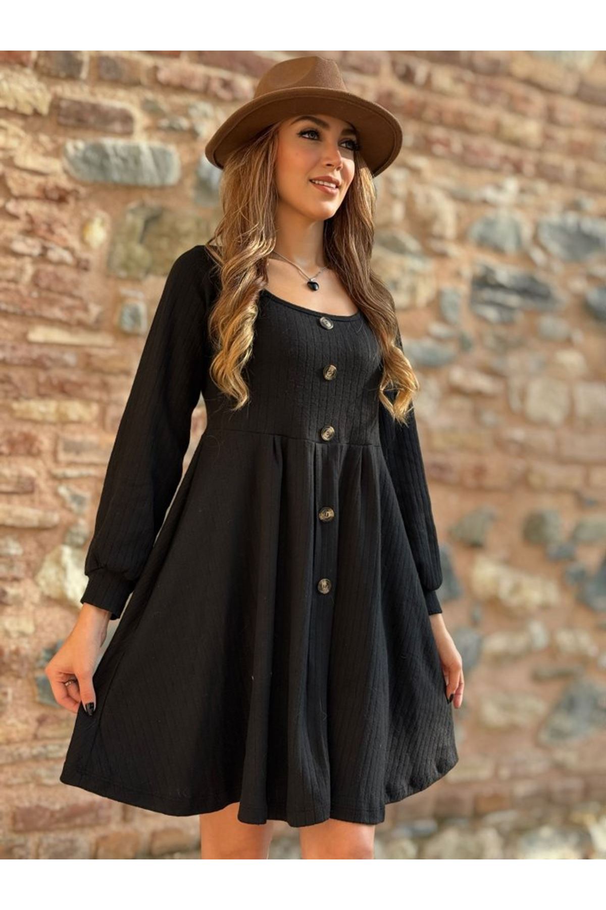 Kadın Uzun Kollu Kare Yaka önden Düğmeli Midi şardonlu Kaşkorse Elbise