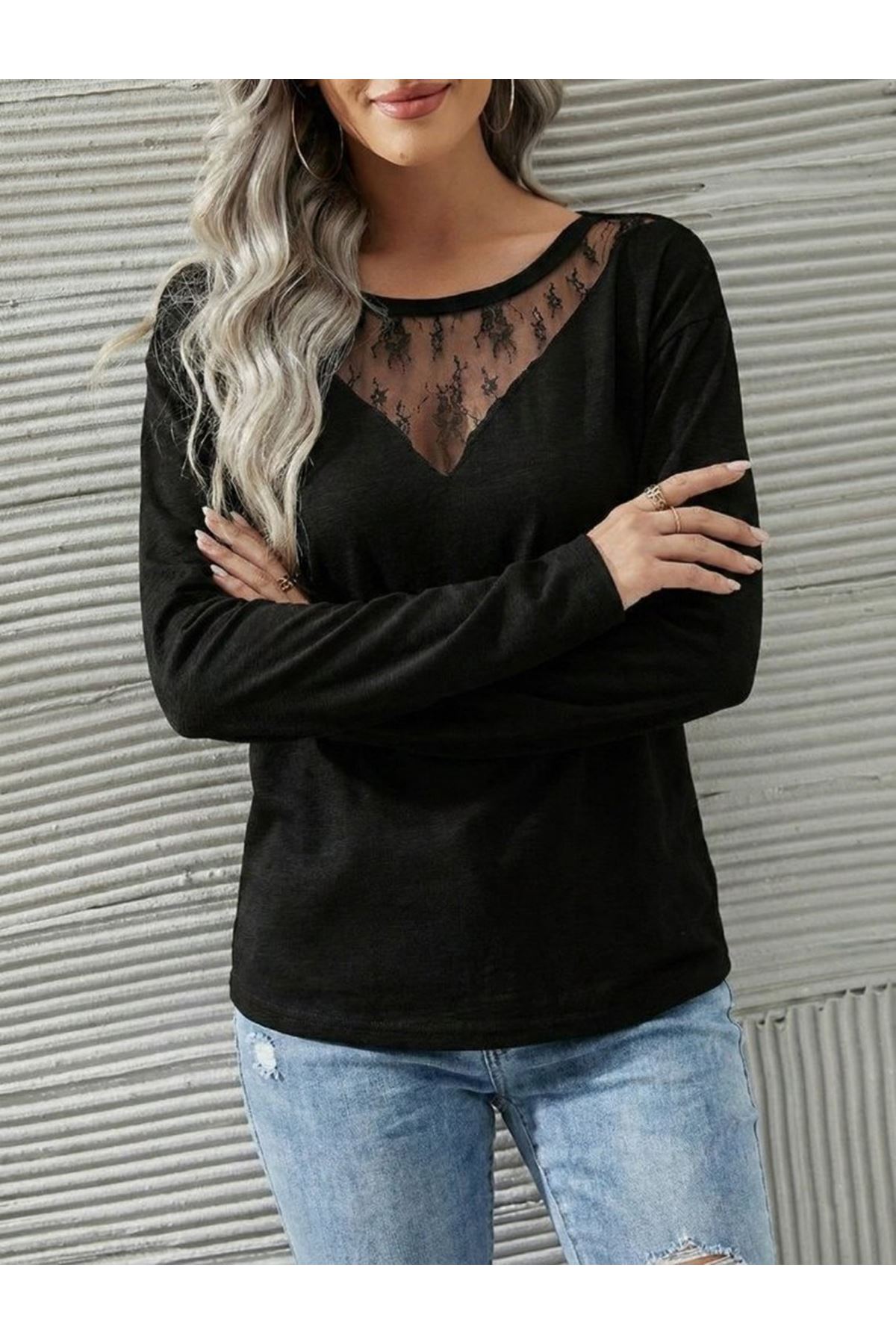 Kadın Uzun Kollu Geniş Yuvarlak Yaka Dantelli Viskon Iki Iplik Bluz