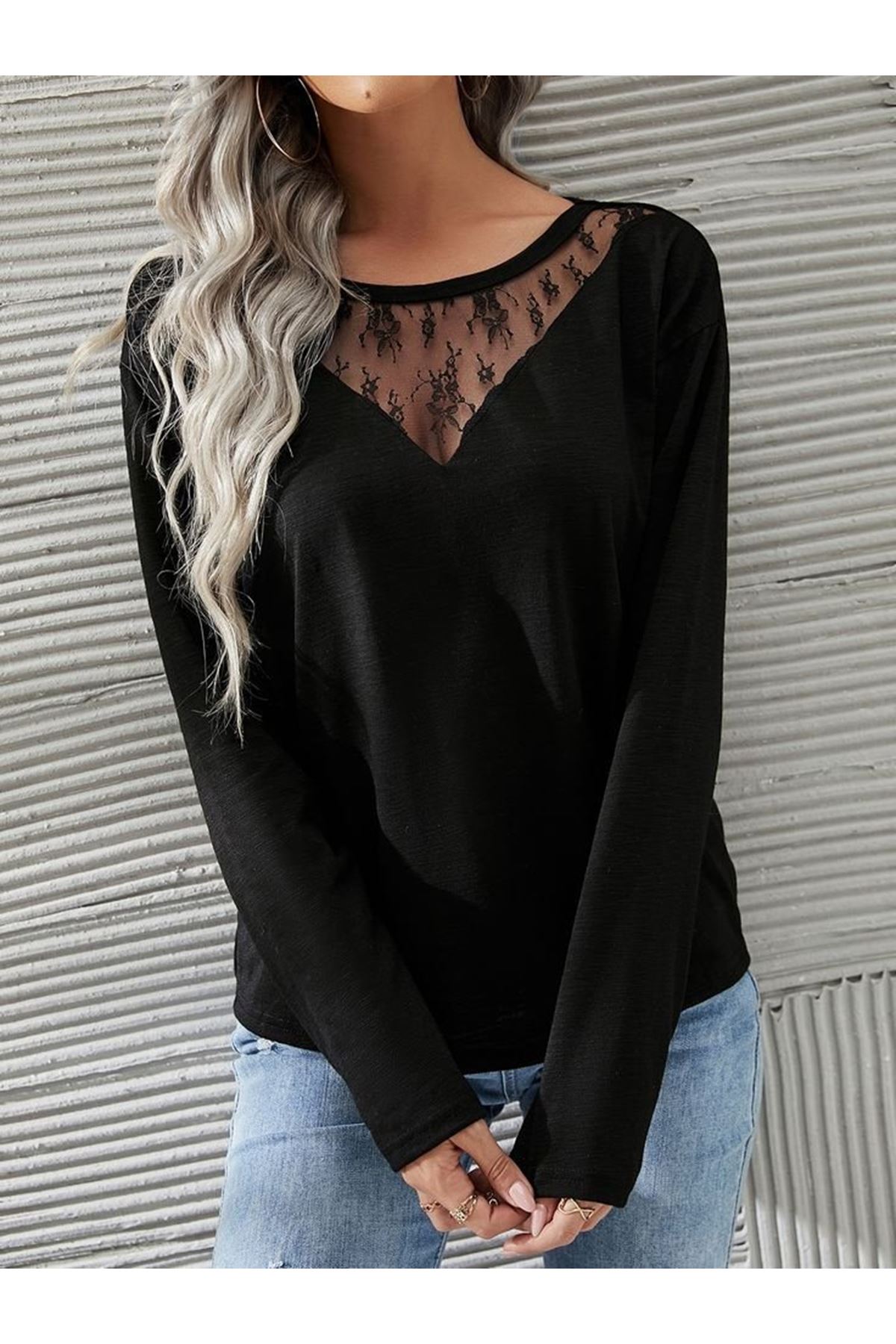 Kadın Uzun Kollu Geniş Yuvarlak Yaka Dantelli Viskon Iki Iplik Bluz