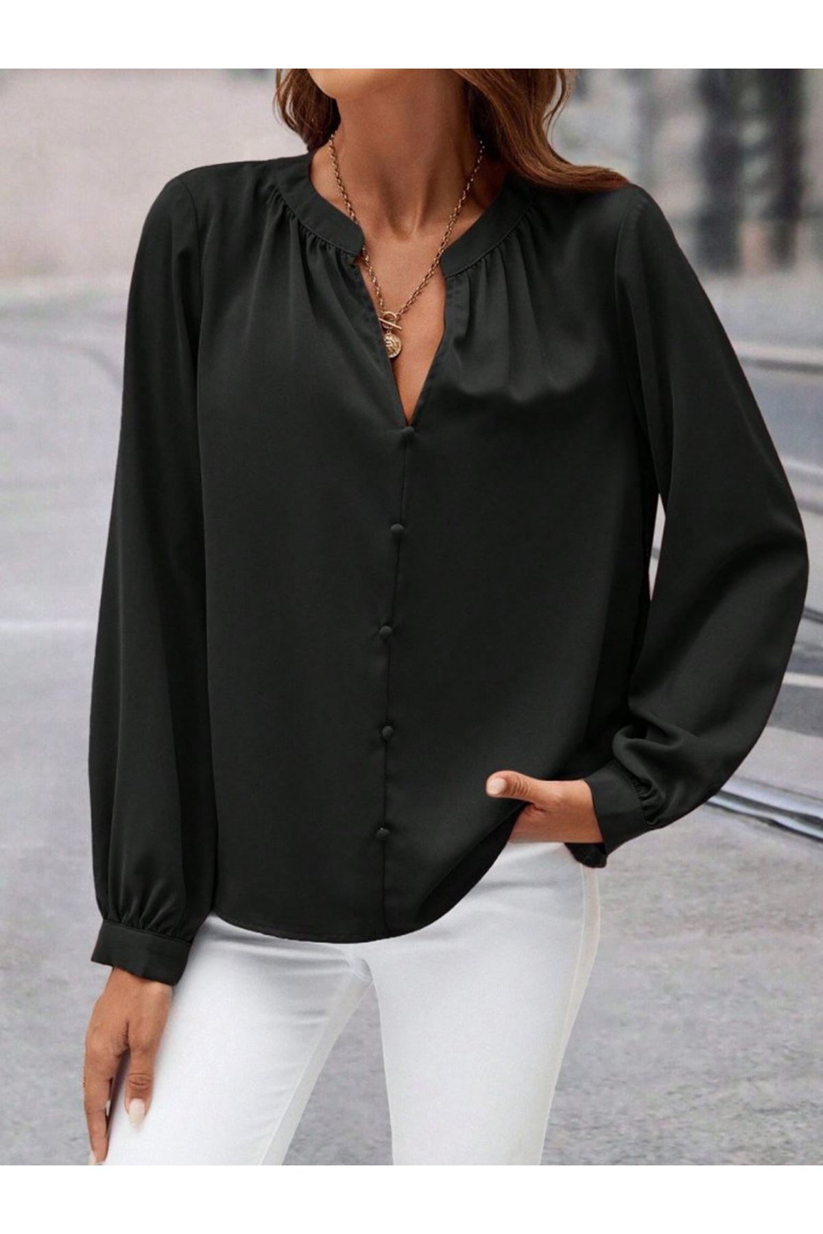 Kadın Uzun Kollu önden Düğmeli Hakim Yaka Ithal Krep Bluz