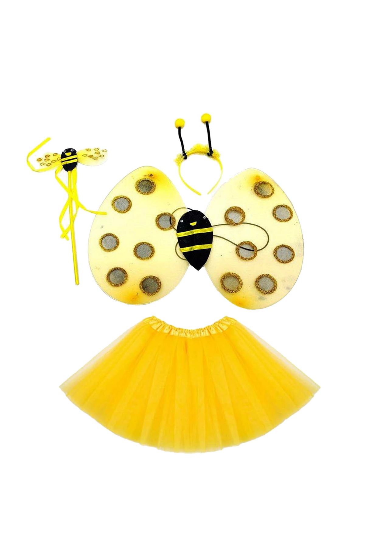 Sarı Renk Arı Kostüm Seti - Tütü, Kanat, Taç, Asa