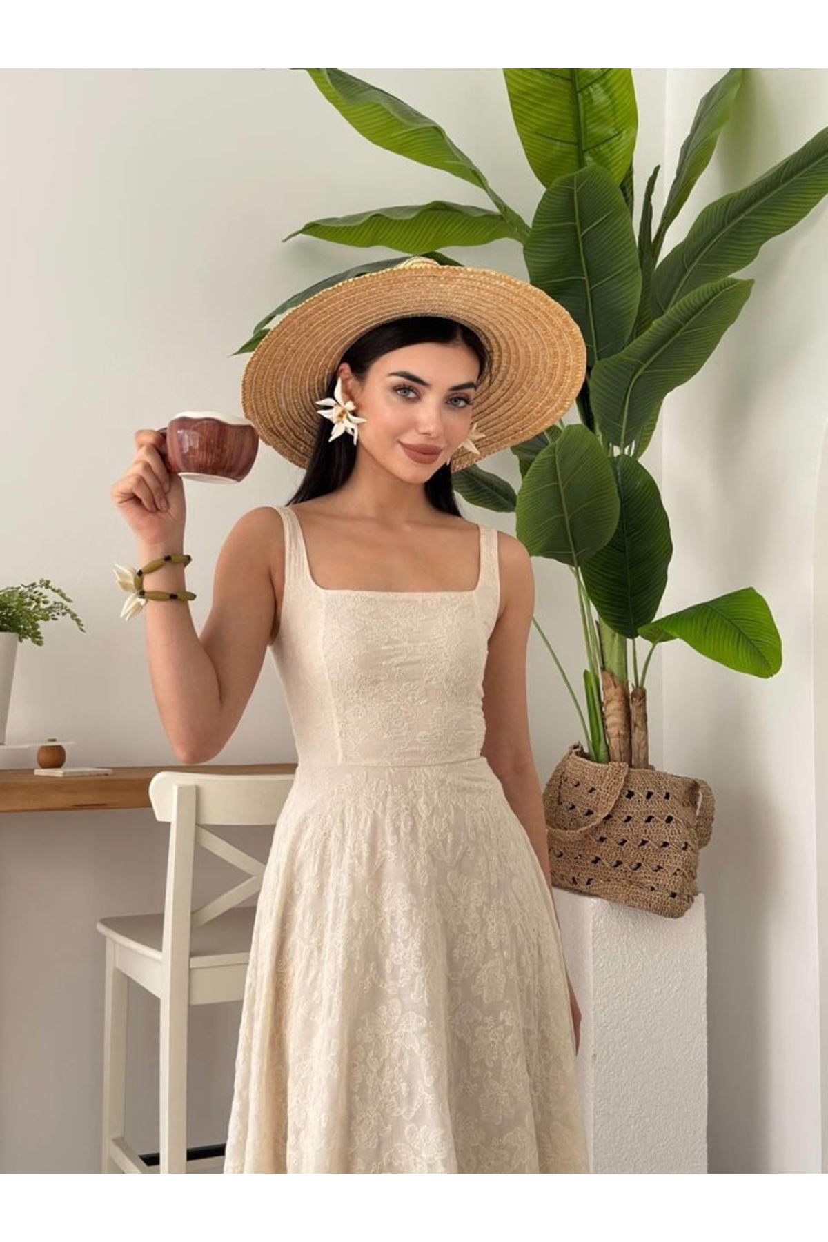 Cuper Çiçek Detaylı Elbise