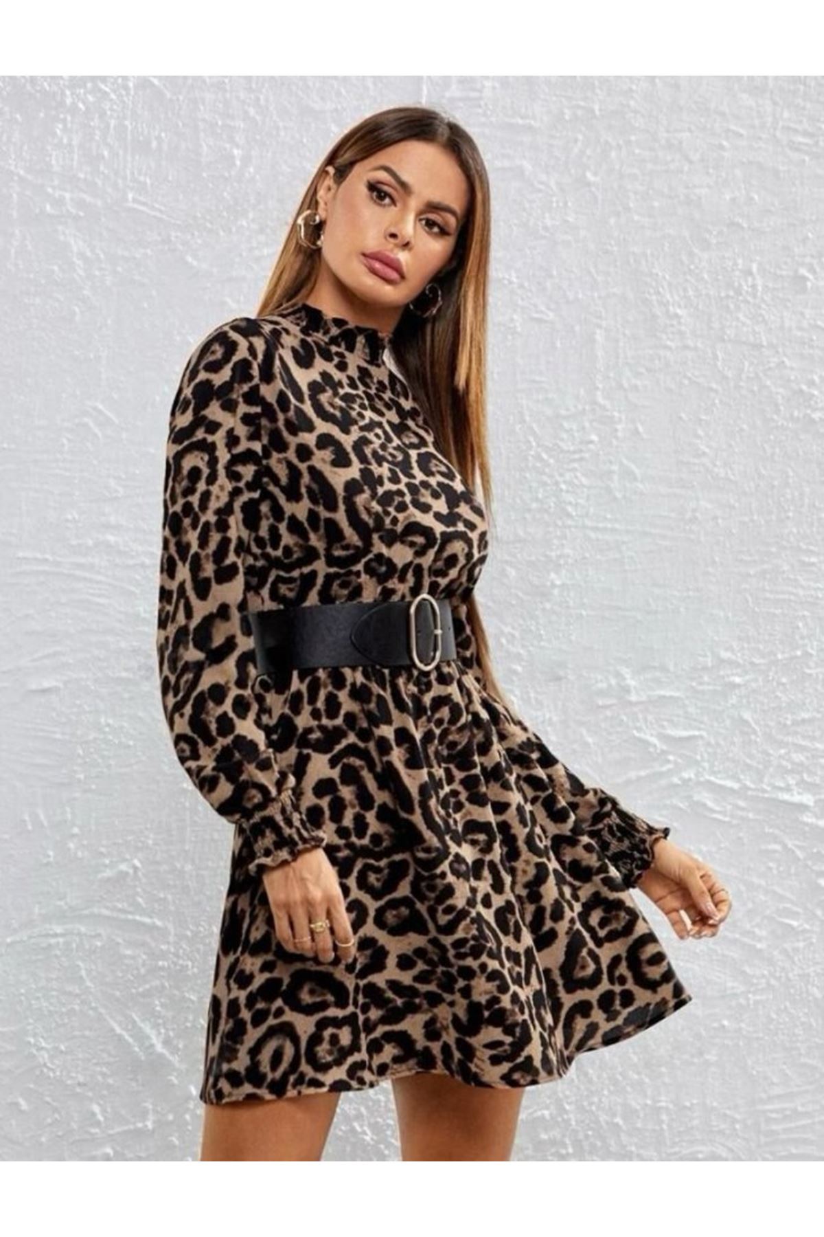 Kadın Yarım Balıkçı Yaka Uzun Kollu Leopar Desen Mini Elbise