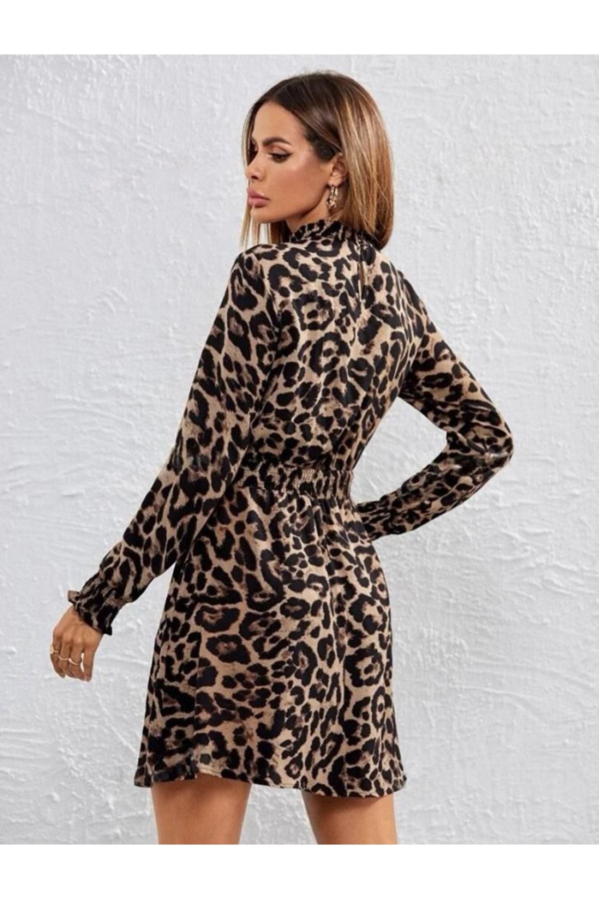 Kadın Yarım Balıkçı Yaka Uzun Kollu Leopar Desen Mini Elbise