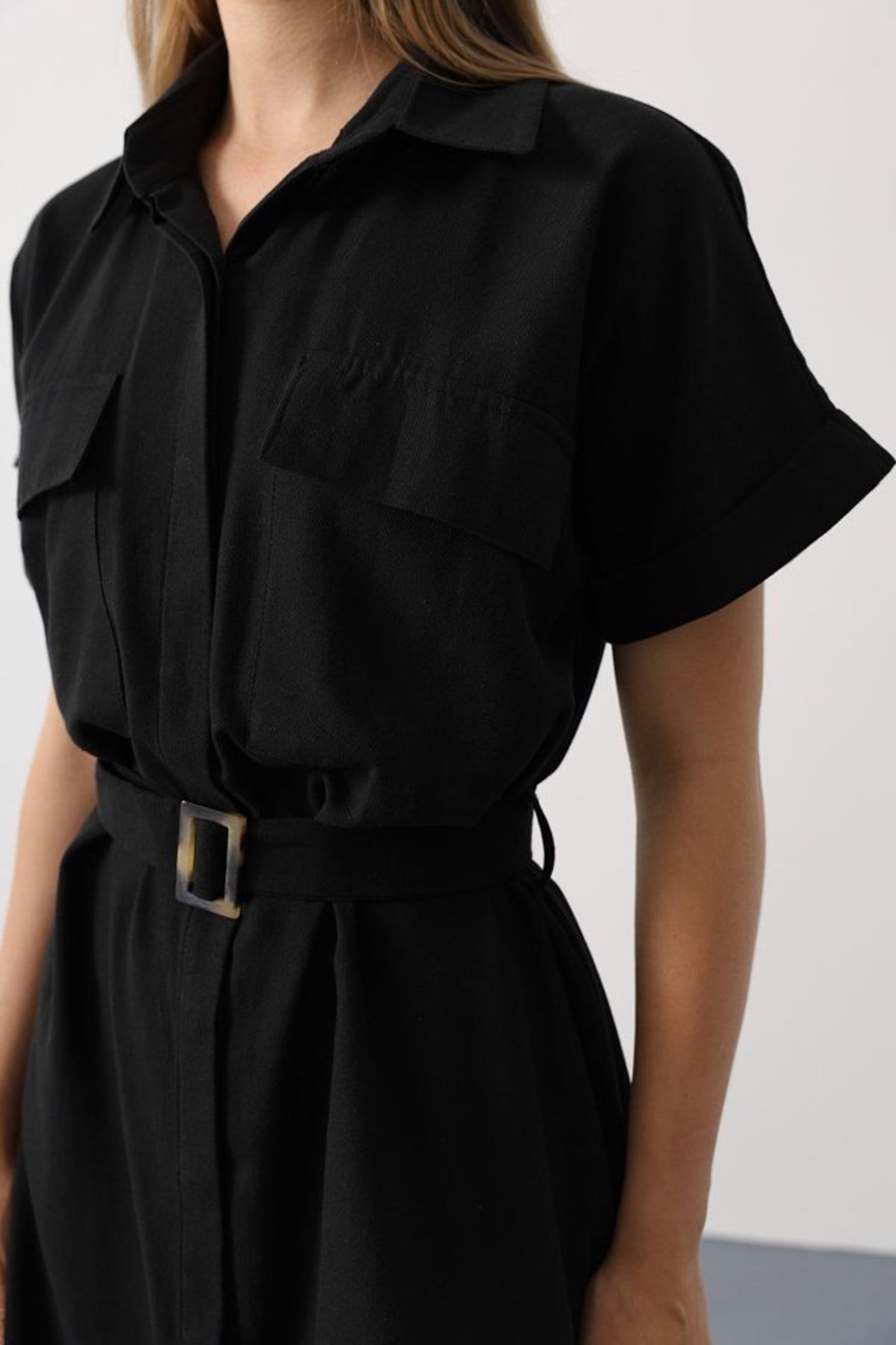 Kuşaklı Cep Detaylı Yarım Kol Elbise - Siyah