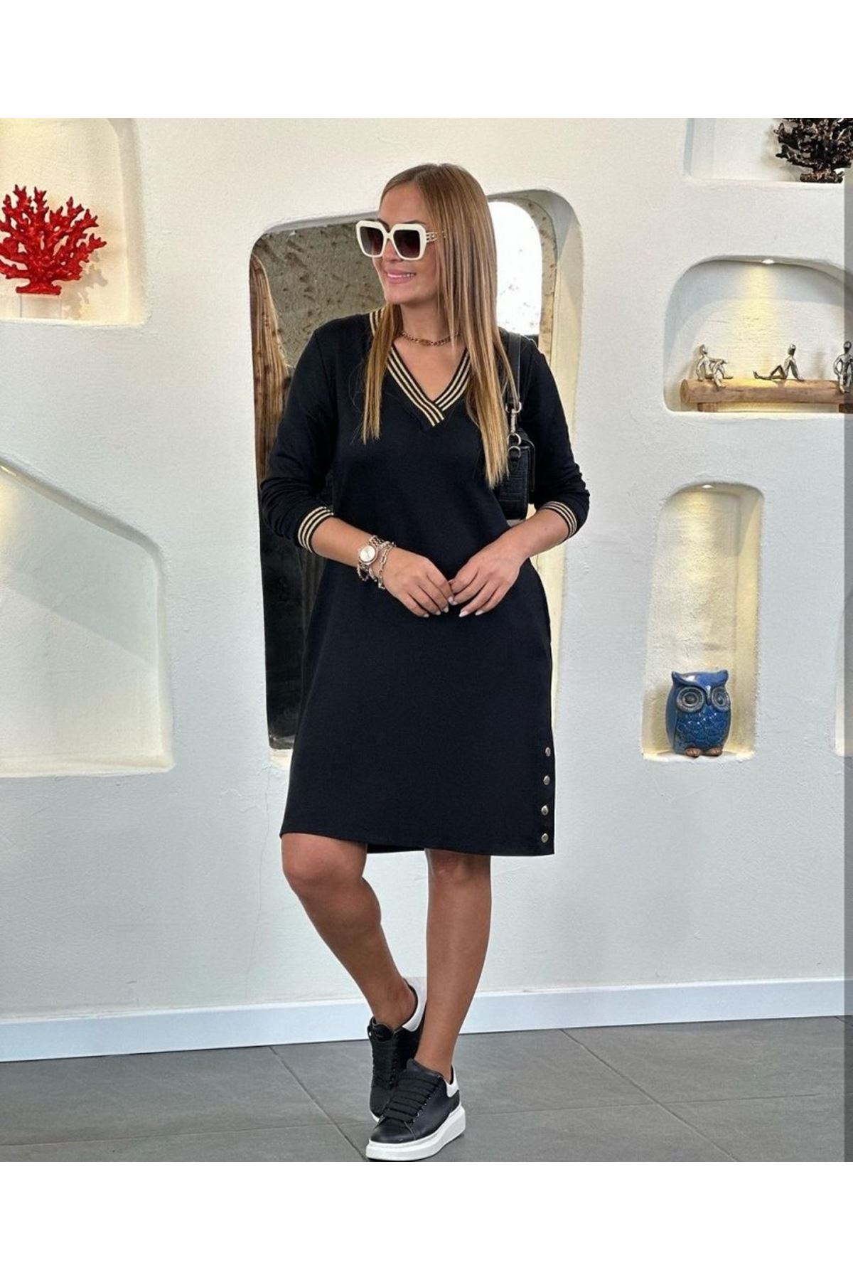 Kadın Uzun Kollu V Yaka Kol Ve Yaka Ribanalı Etek çıtçıt Detay Iki Iplik Elbise