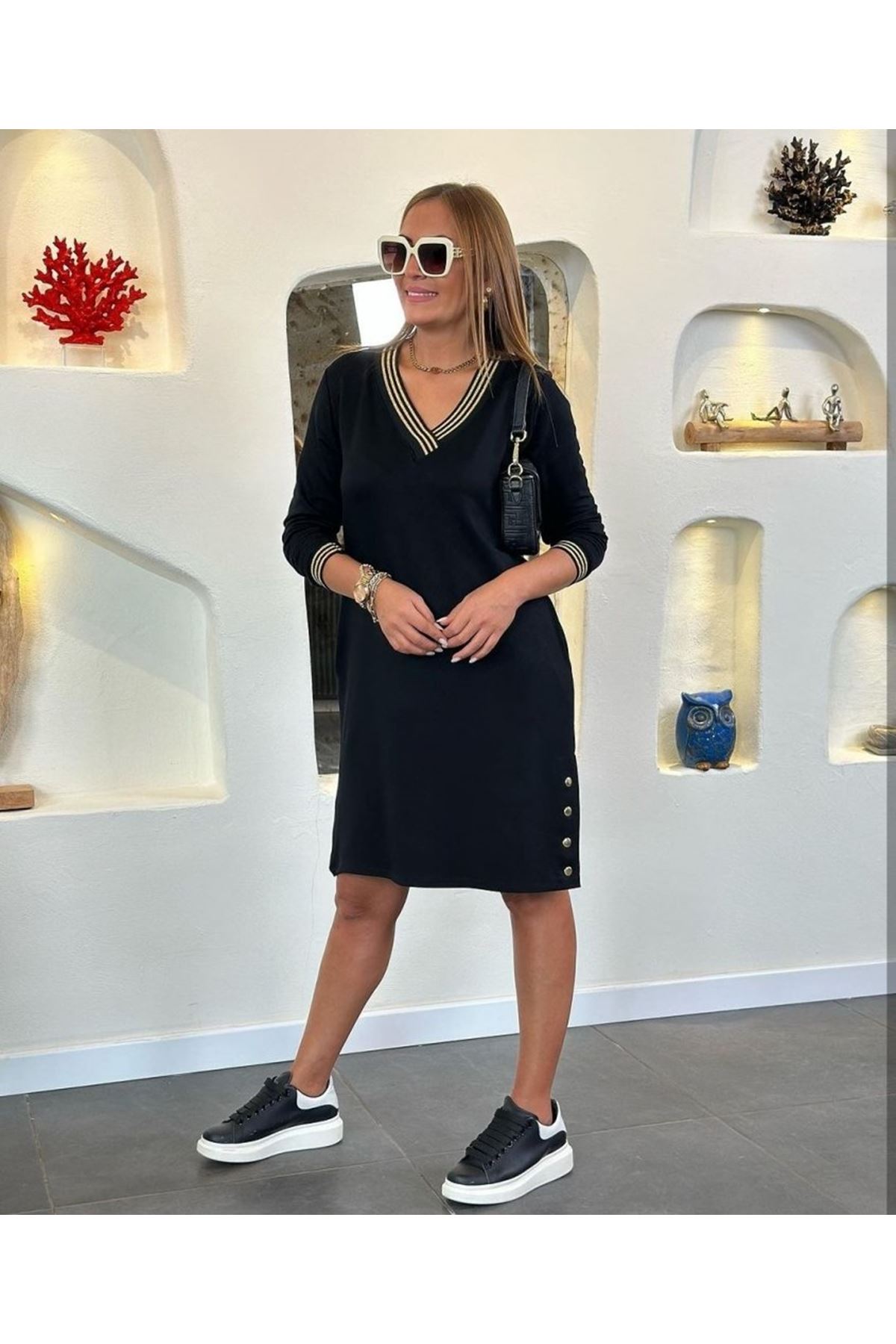 Kadın Uzun Kollu V Yaka Kol Ve Yaka Ribanalı Etek çıtçıt Detay Iki Iplik Elbise