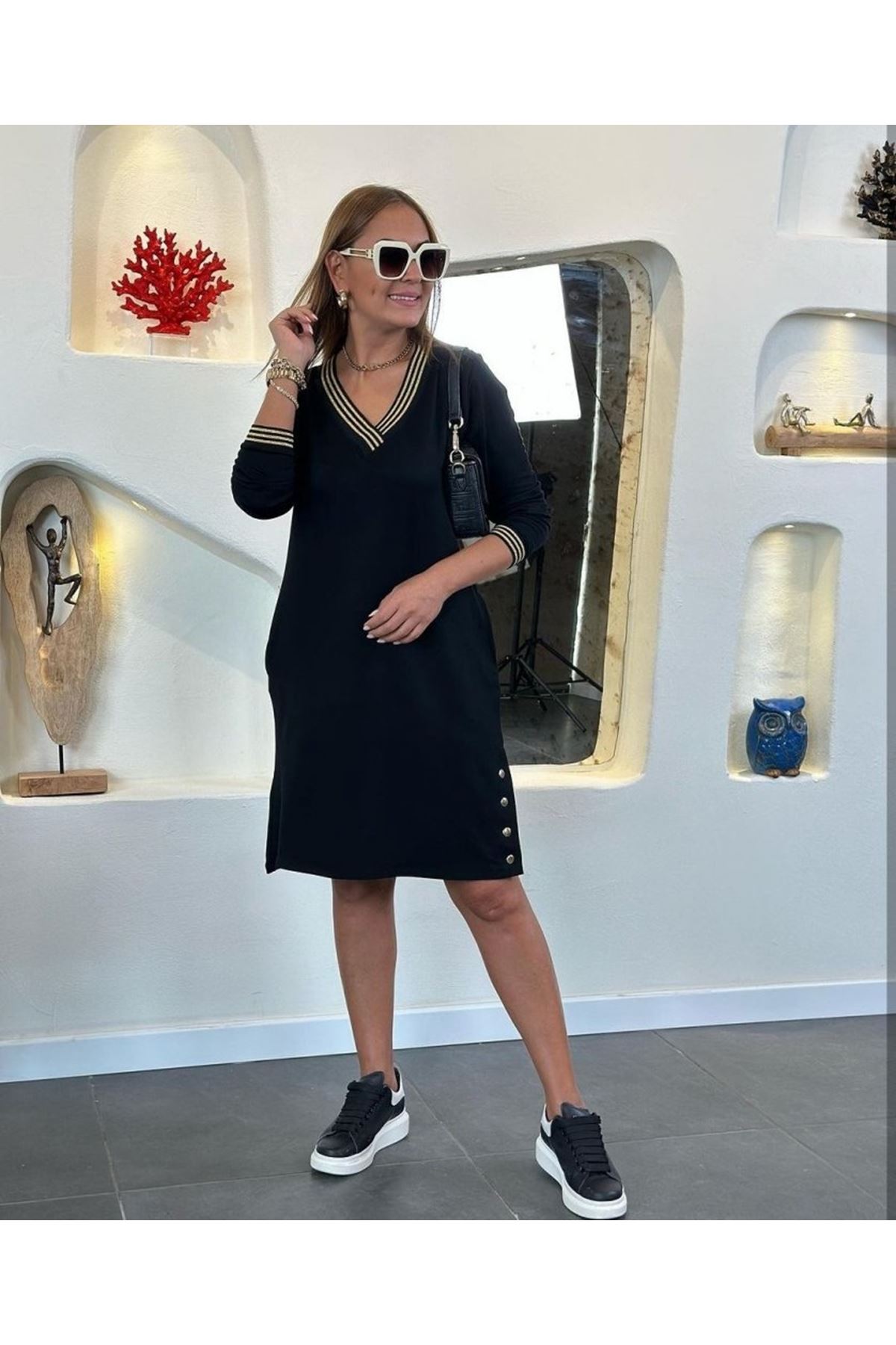 Kadın Uzun Kollu V Yaka Kol Ve Yaka Ribanalı Etek çıtçıt Detay Iki Iplik Elbise