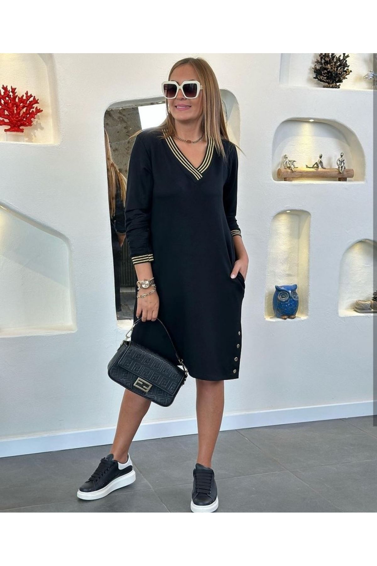 Kadın Uzun Kollu V Yaka Kol Ve Yaka Ribanalı Etek çıtçıt Detay Iki Iplik Elbise