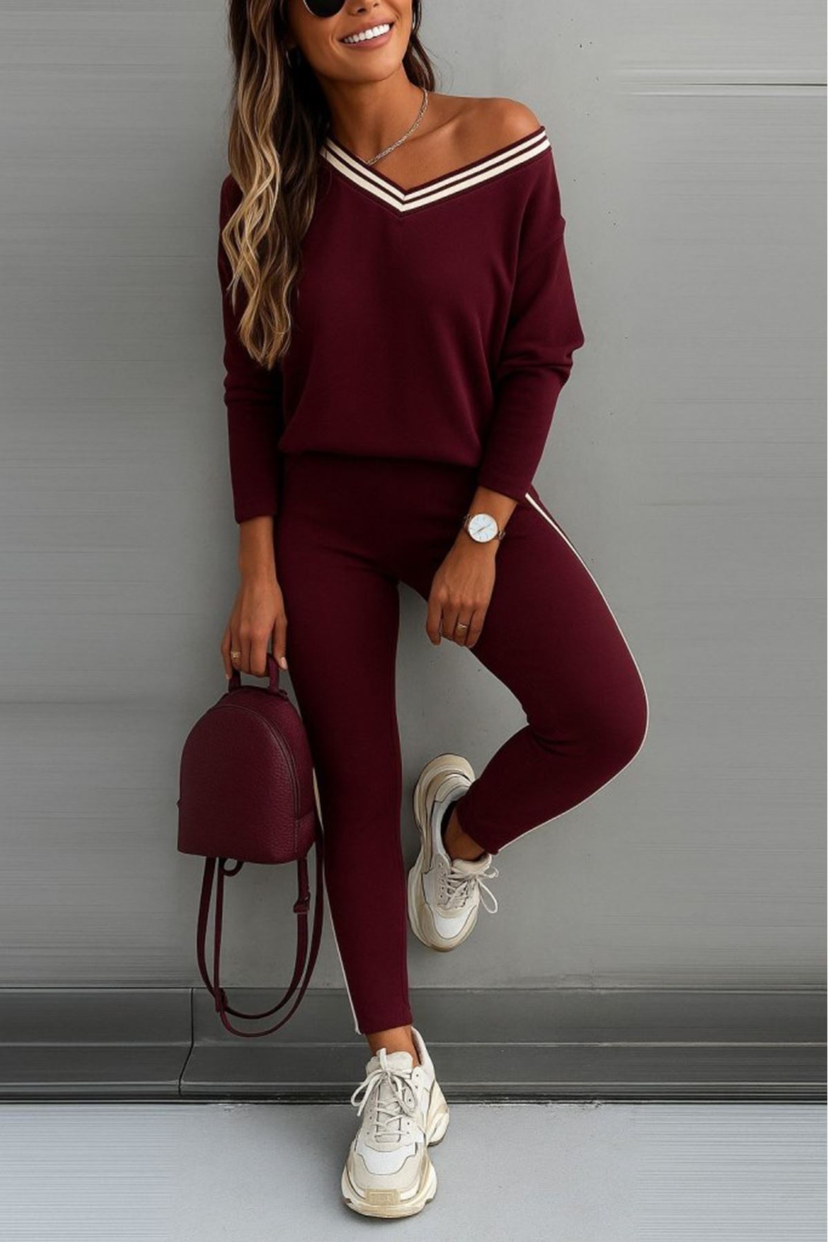 Kadın Uzun Kollu Tek Omuzu Açık Detaylı Viskon Iki Iplik Bluz Ve Pantolon Ikili Takım