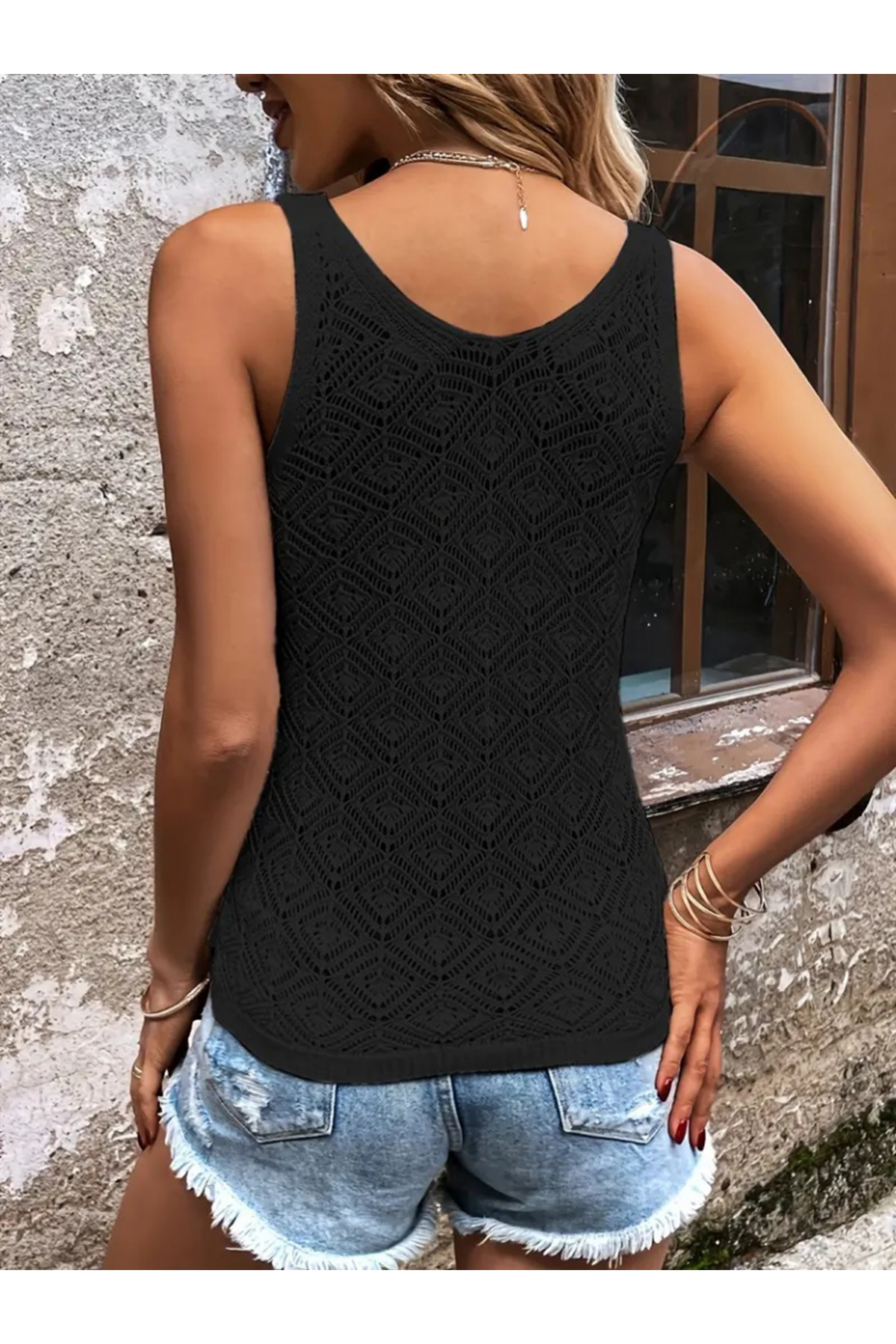 Kadın Baklava Desen Detaylı Kalın Askılı Triko Bluz