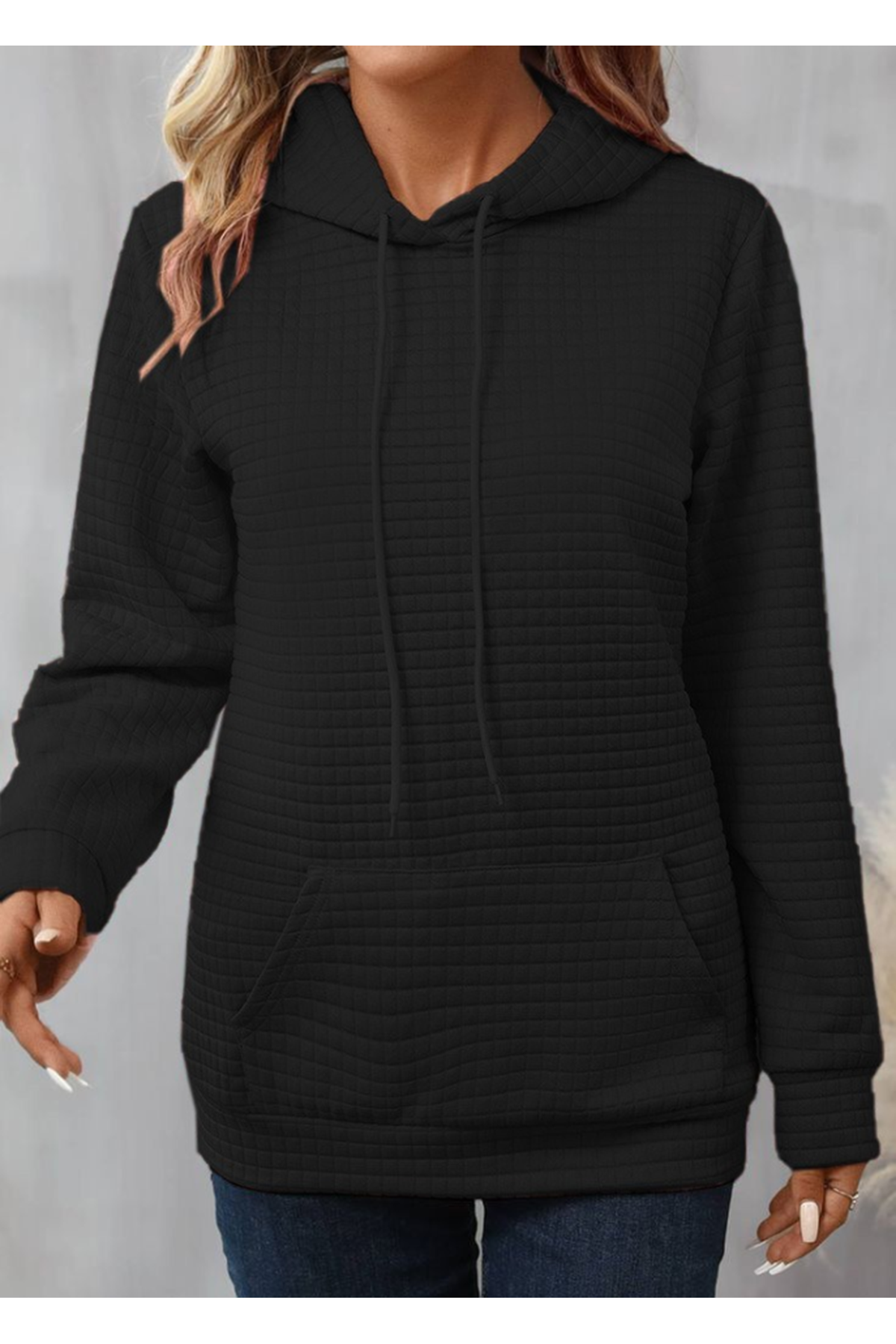 Kadın Uzun Kollu Kapşonlu Bağcıklı Cepli Capitone Sweatshirt