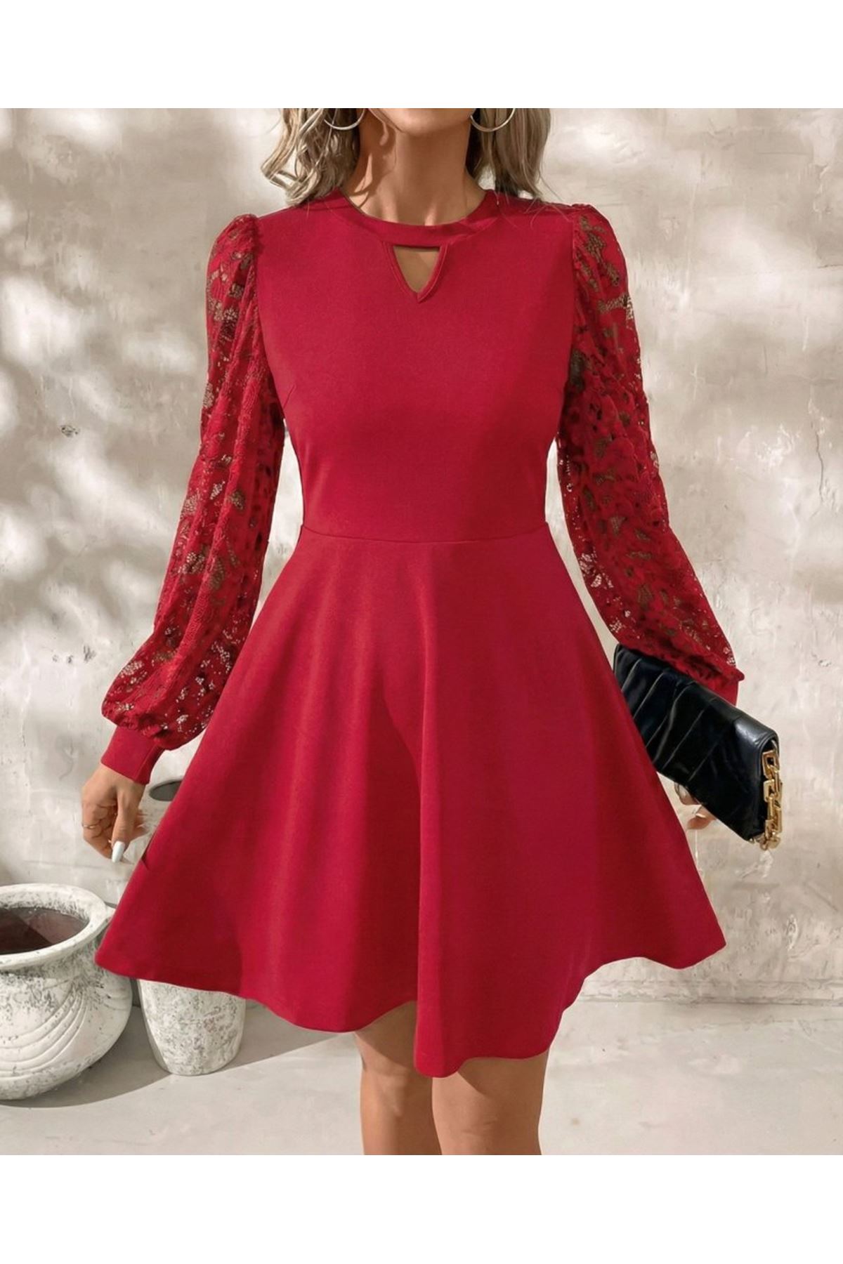 Kadın Uzun Kollu Yuvarlak Damla Detaylı Kolları Tül Detaylı Kısa Ithal Krep Elbise