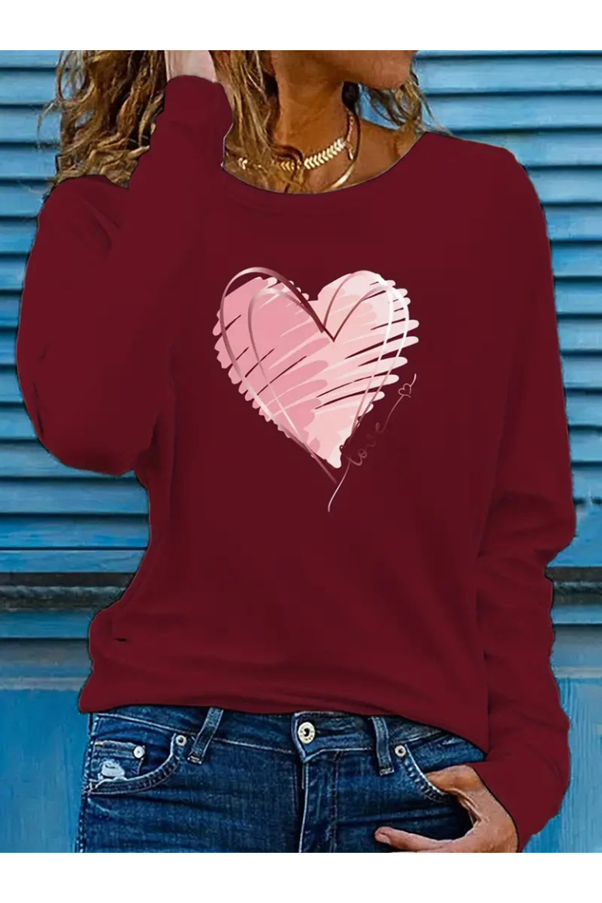 Kadın Uzun Kollu Bisiklet Yaka Kalp Desenli Viskon Bluz