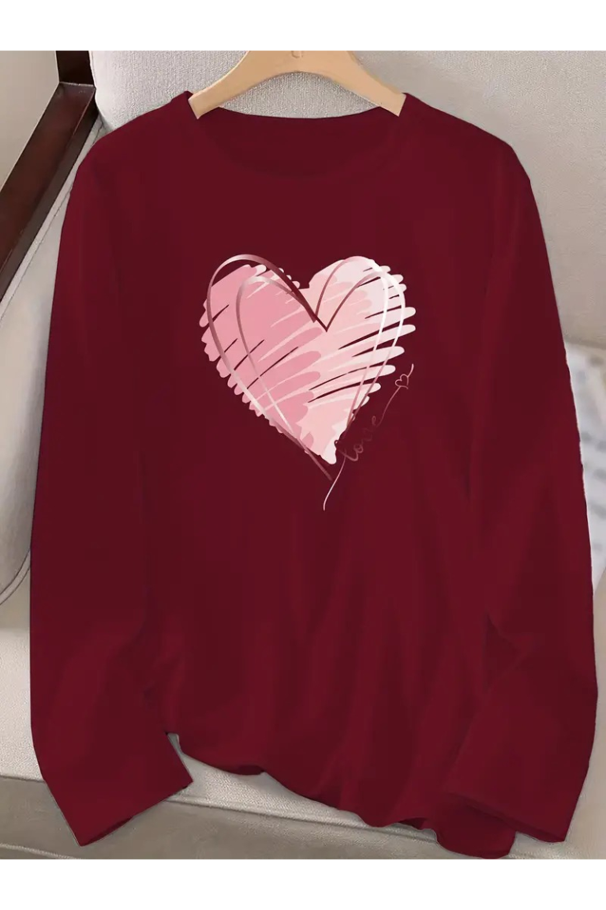 Kadın Uzun Kollu Bisiklet Yaka Kalp Desenli Viskon Bluz