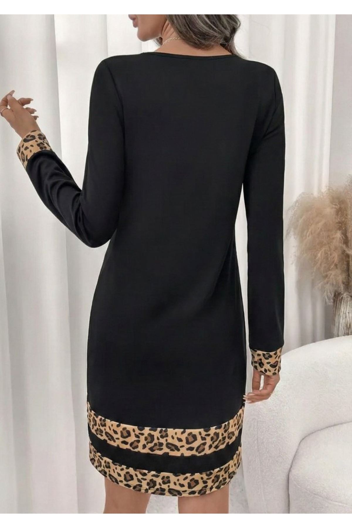 Kadın Uzun Kollu Bisiklet Yaka Mini Ithal Krep Elbise