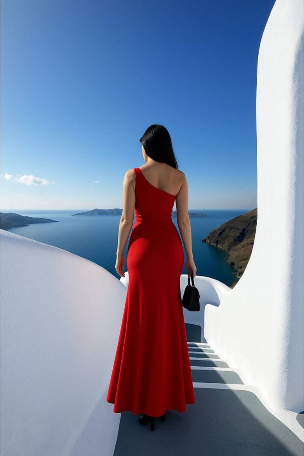 Kadın Dalgıç Kumaş Tek Omuz Askılı Yırtmaç Detaylı Maxi Boy Elbise