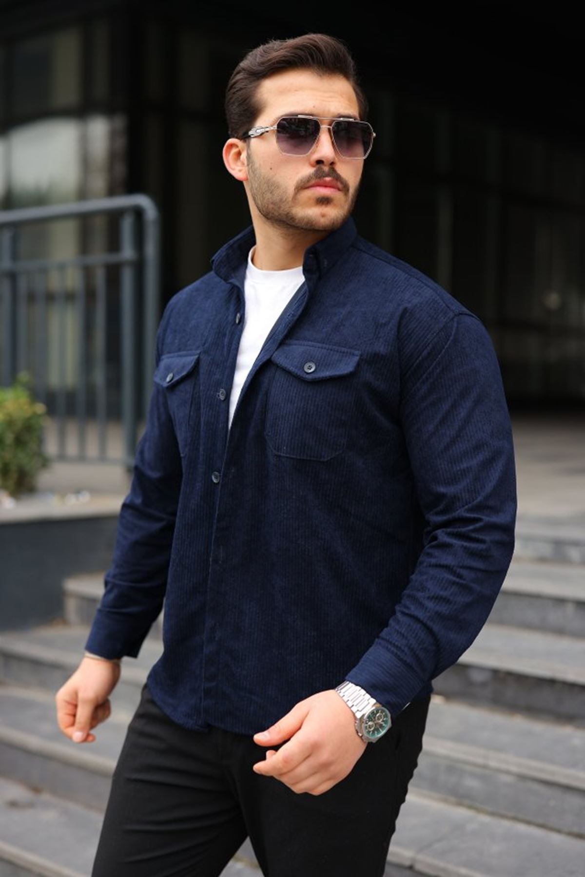 Erkek Uzun Kollu Cepli Kadife Gömlek