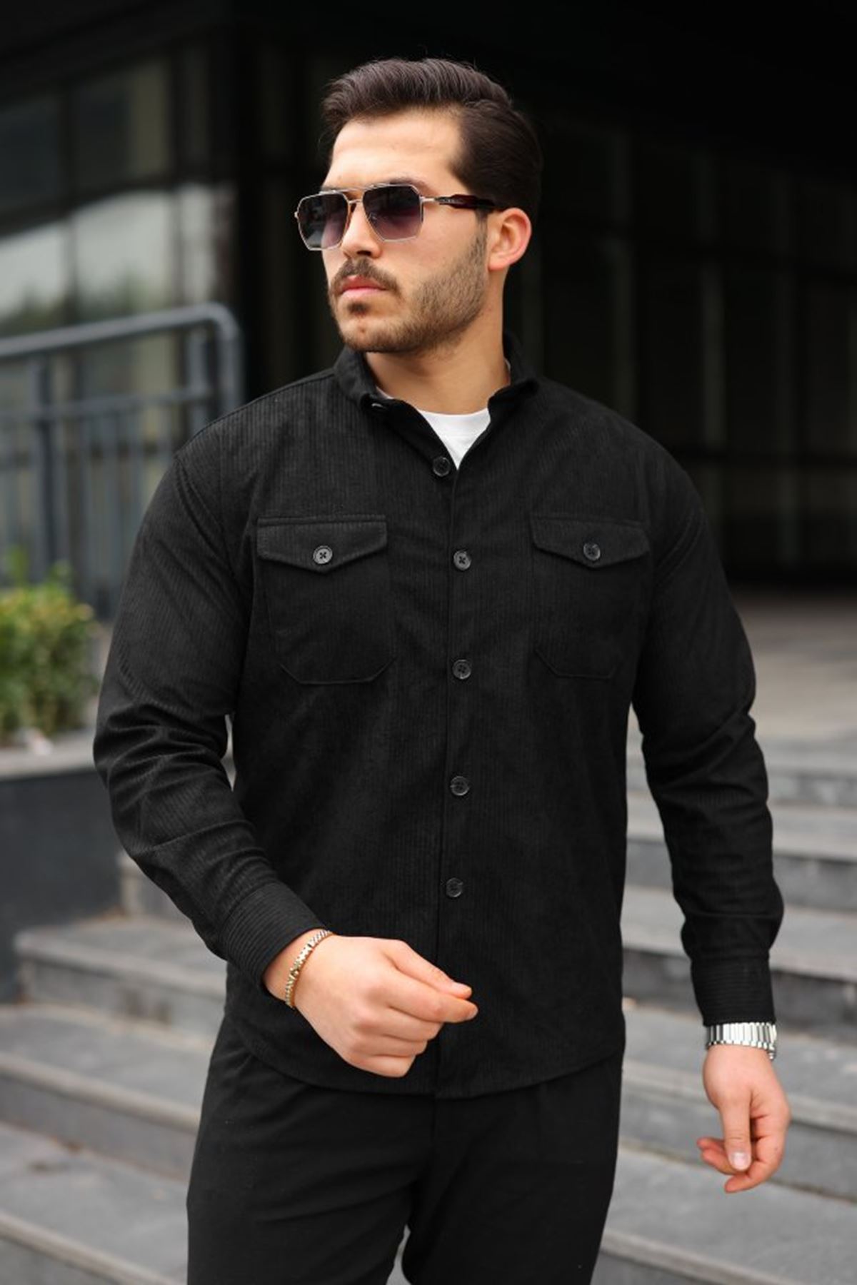 Erkek Uzun Kollu Cepli Kadife Gömlek