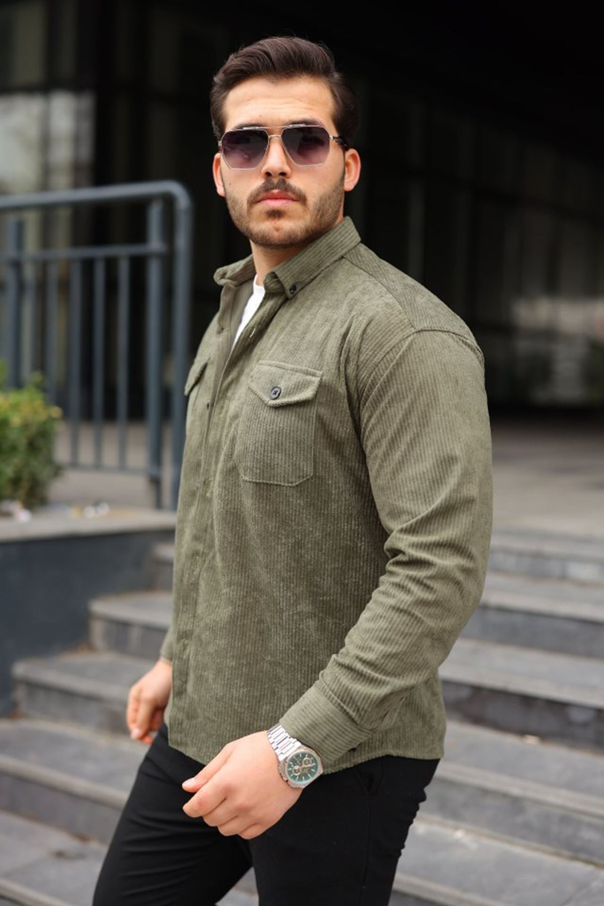 Erkek Uzun Kollu Cepli Kadife Gömlek