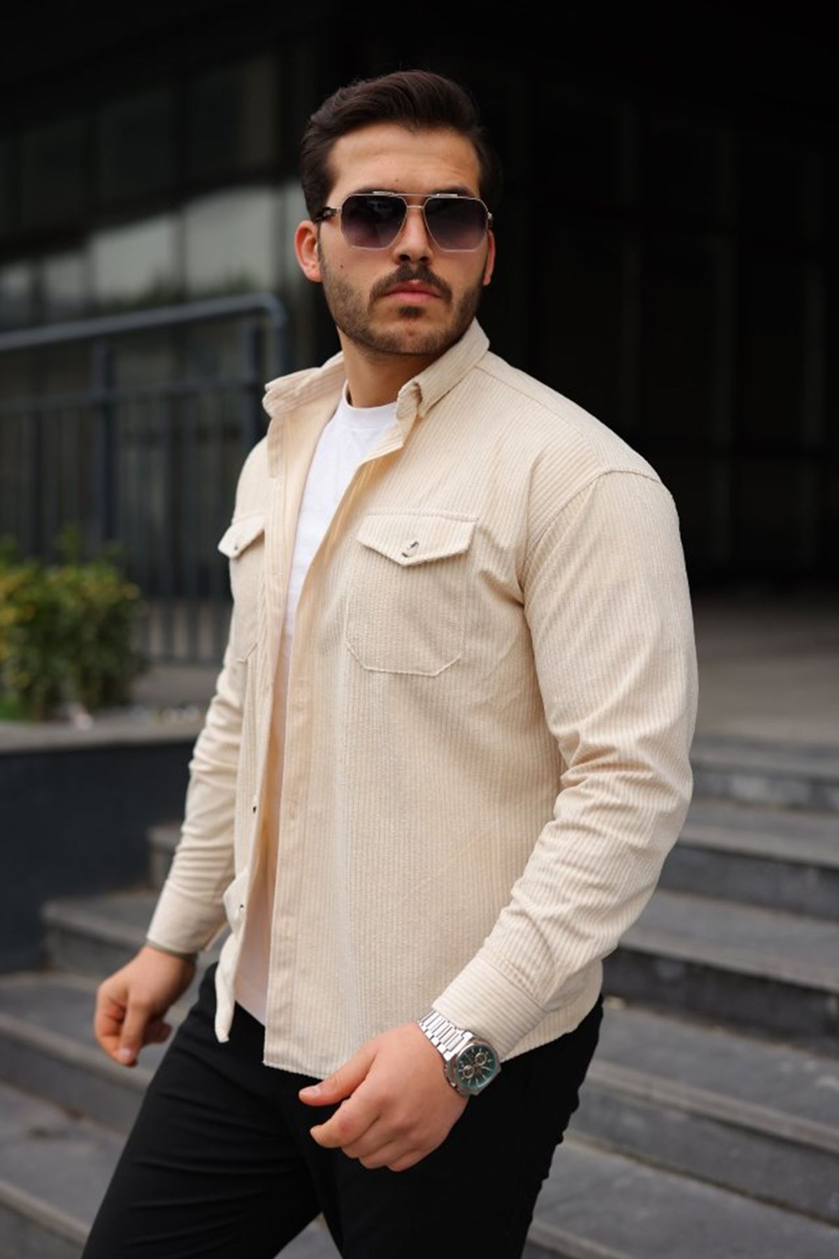 Erkek Uzun Kollu Cepli Kadife Gömlek