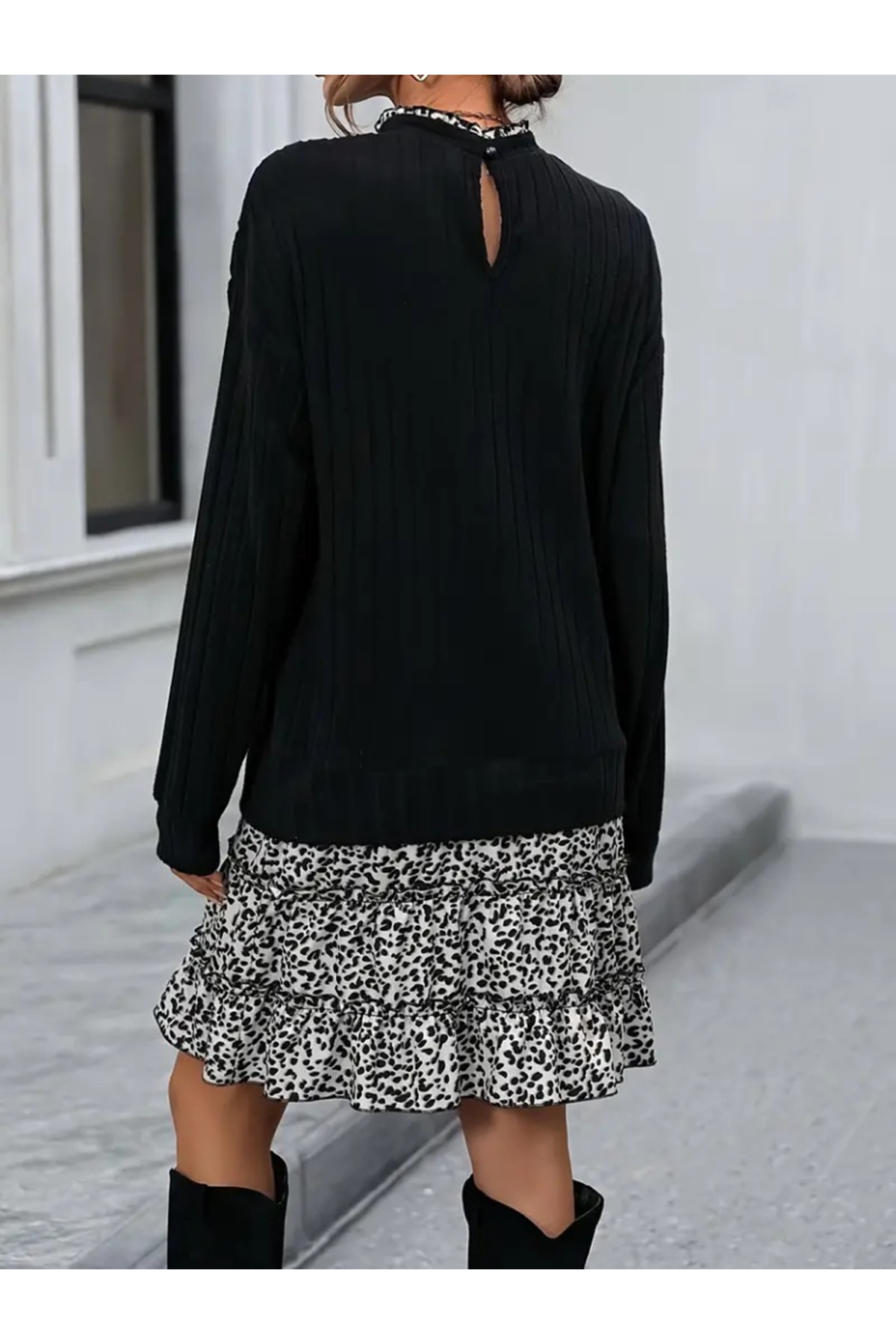 Kadın Uzun Kollu üst şardonlu Kaşkorse Alt Süprem Desenli Elbise