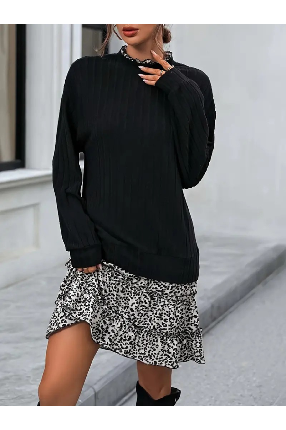 Kadın Uzun Kollu üst şardonlu Kaşkorse Alt Süprem Desenli Elbise