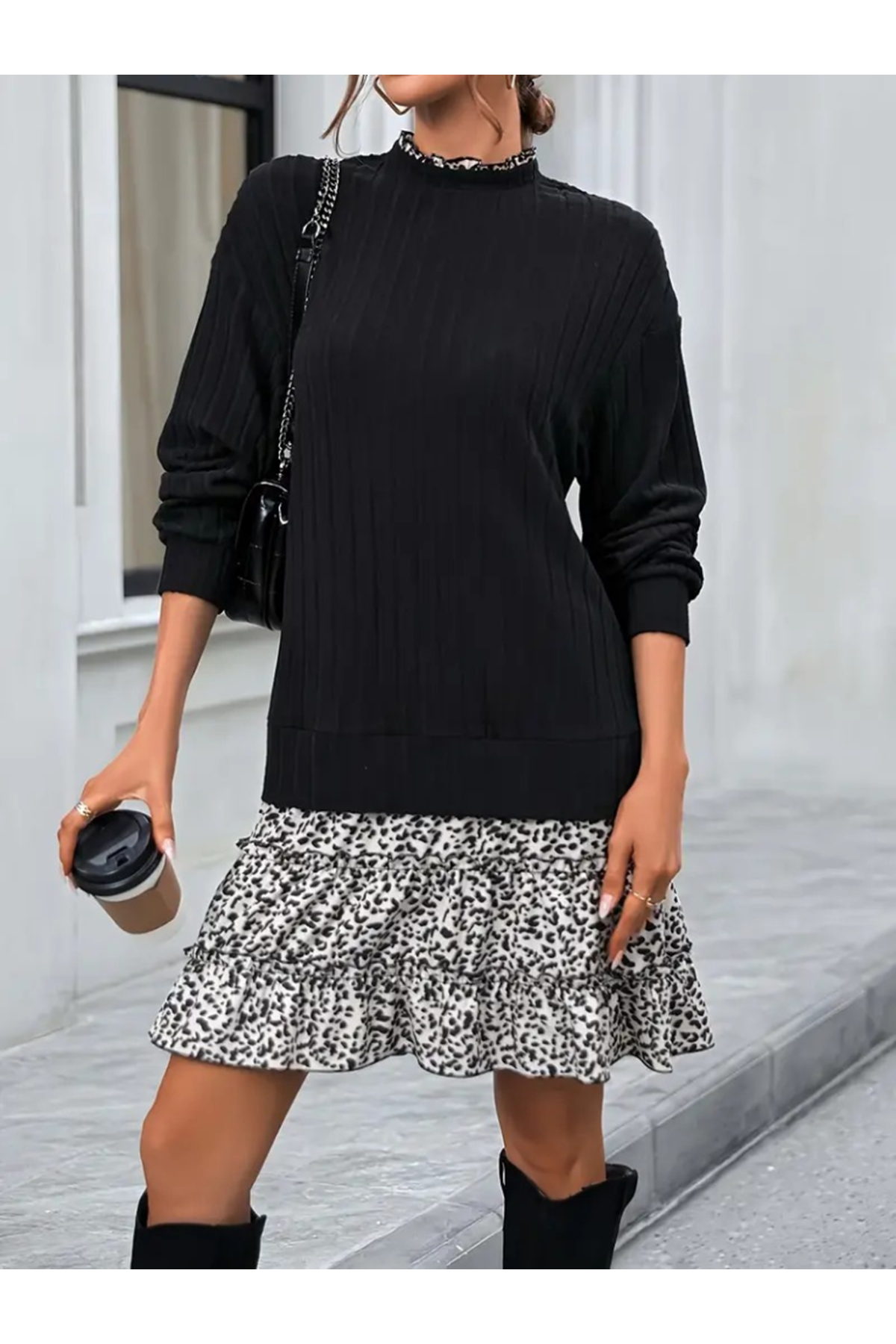 Kadın Uzun Kollu üst şardonlu Kaşkorse Alt Süprem Desenli Elbise