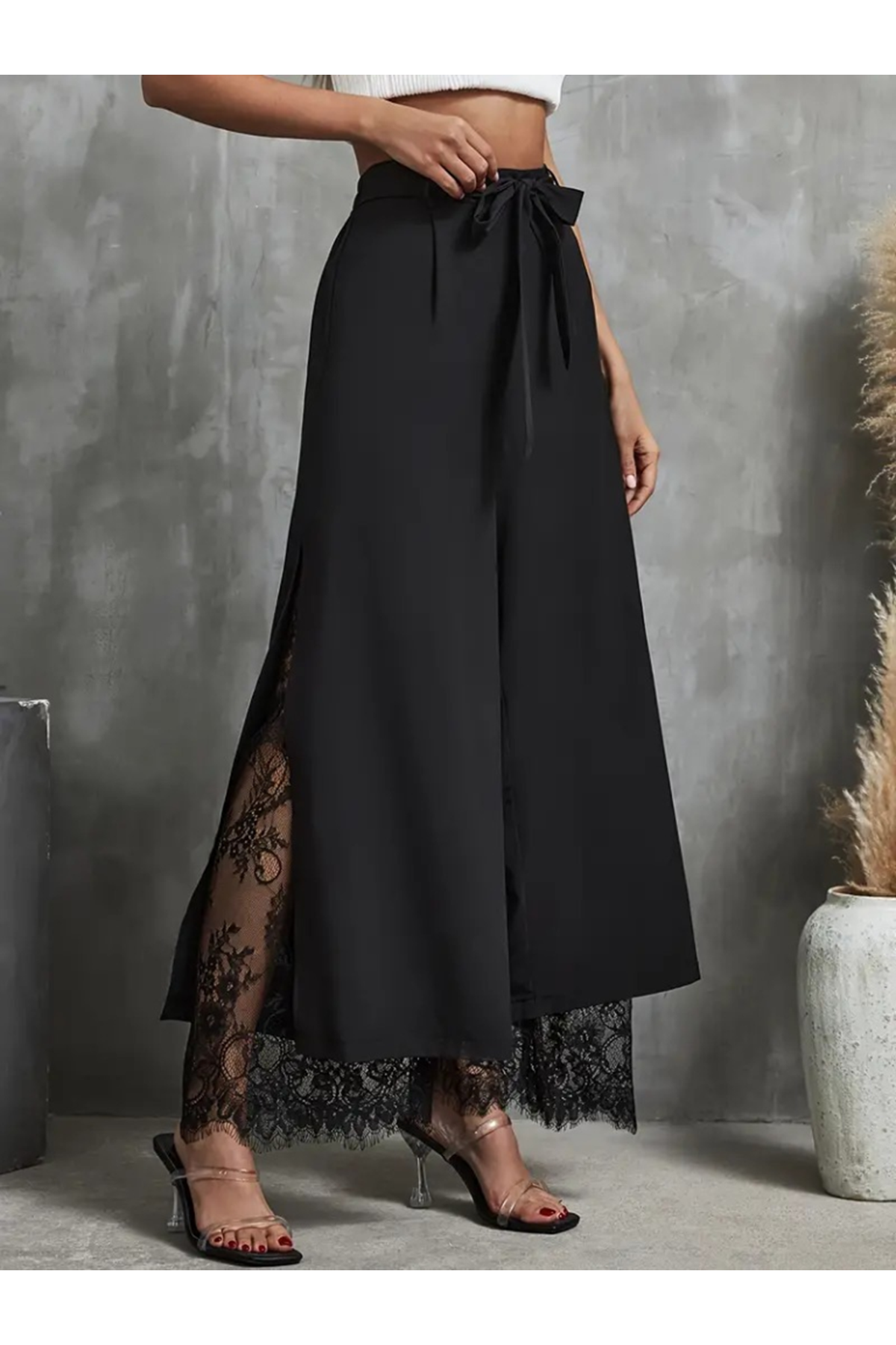 Kadın Yüksek Bel Belden Kuşaklı üst Dalgıç Alt Dantel Detaylı Dalgıç Pantolon Takım