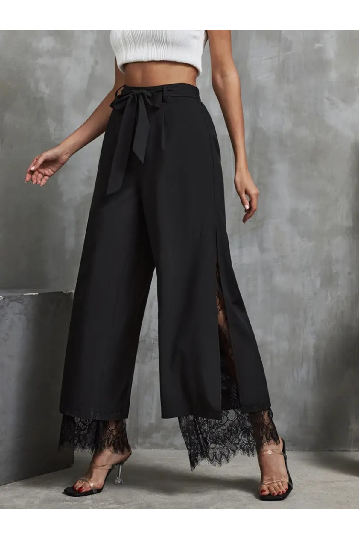 Kadın Yüksek Bel Belden Kuşaklı üst Dalgıç Alt Dantel Detaylı Dalgıç Pantolon Takım