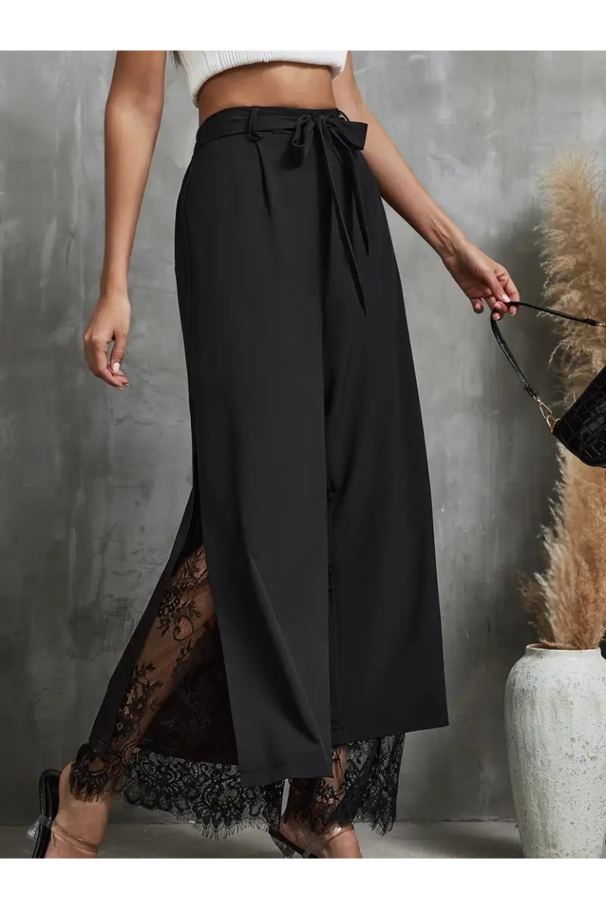 Kadın Yüksek Bel Belden Kuşaklı üst Dalgıç Alt Dantel Detaylı Dalgıç Pantolon Takım